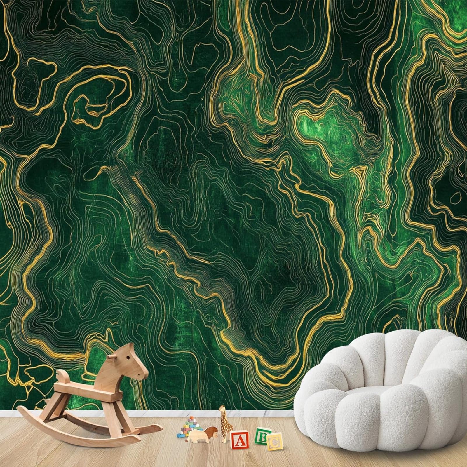 Papier peint photo vert foncé et or intissé pour salon et chambre enfant