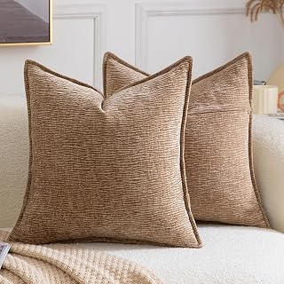 MADIZZ Set of 2 Decorative Soft Chenille Cushion Covers Solid Color Textured Cushion Covers for Sofa Living Room Bedroom Light Brown 50x50cm