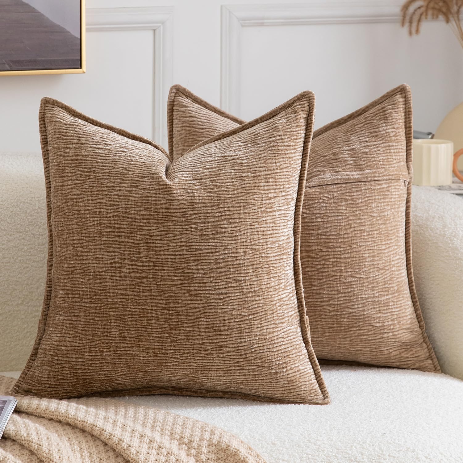 Madizz Pack of 2 Decorative Cushion Covers Soft Chenille Throw Pillows Solid Textured Throw Pillow Covers for Couch Sofa Bedroom Living Room 40x40 CM, Light Brown โ image 1