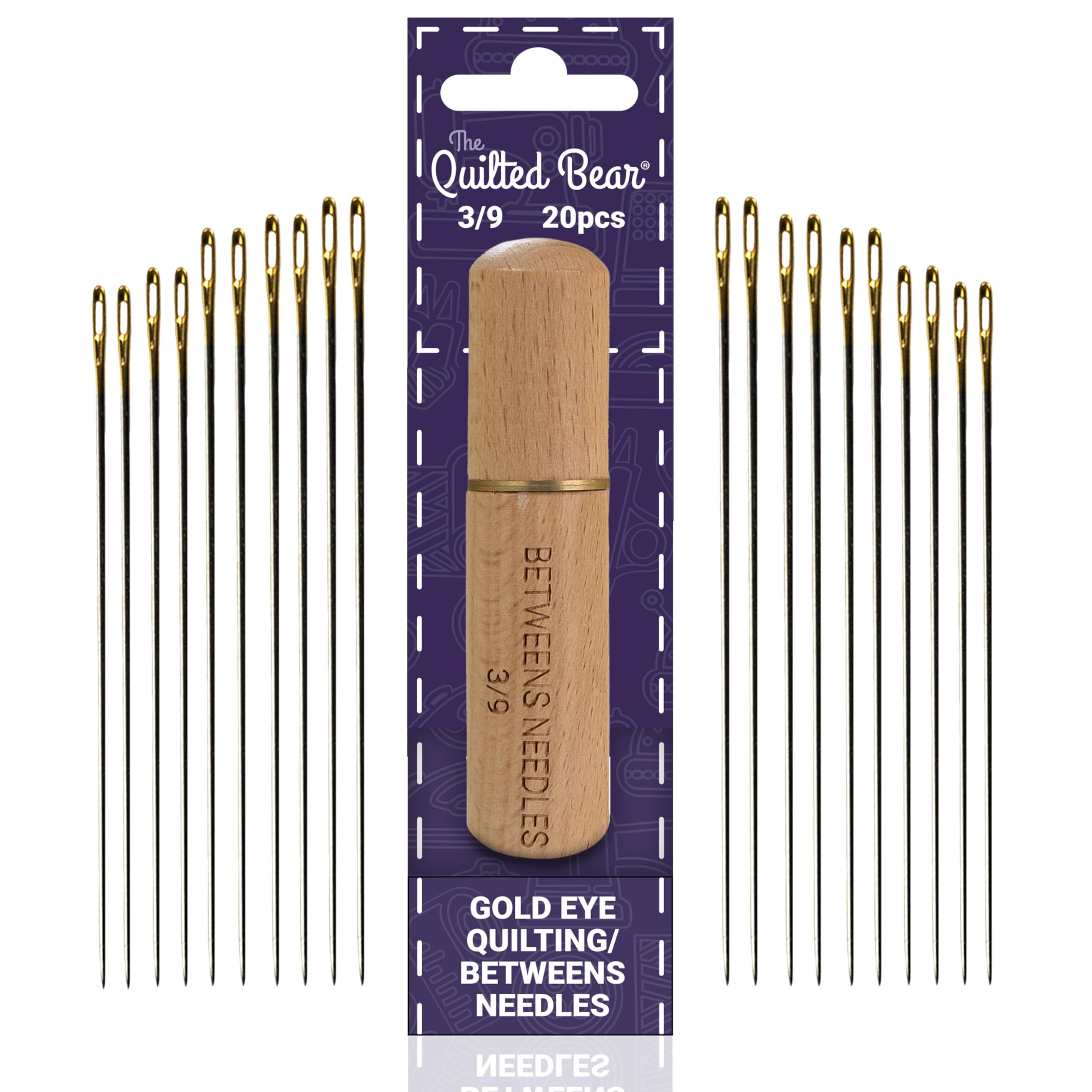 The Quilted Bear Gold Eye Betweens Quilting Needles 3/9-20 Betweens Hand Quilting Needles Set in a Premium Engraved Wooden Case for Quilting & Sewing (Sizes 3/9)