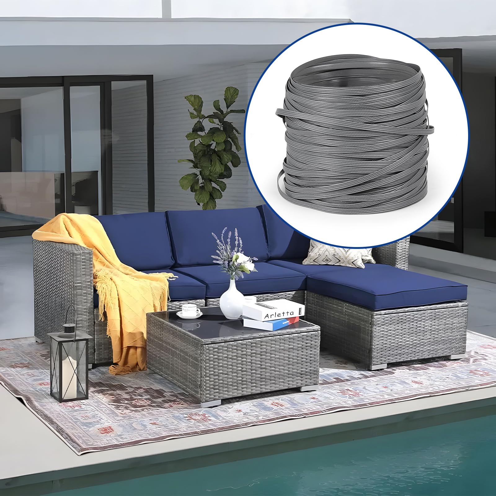 DBREAKS 65 m Material de Reparación de Ratán Tejido de Plástico, ratán Tejido Plástico Kit de Reparación, PE, para Muebles, Banco, Sillas, Muebles de Jardín (Gris)