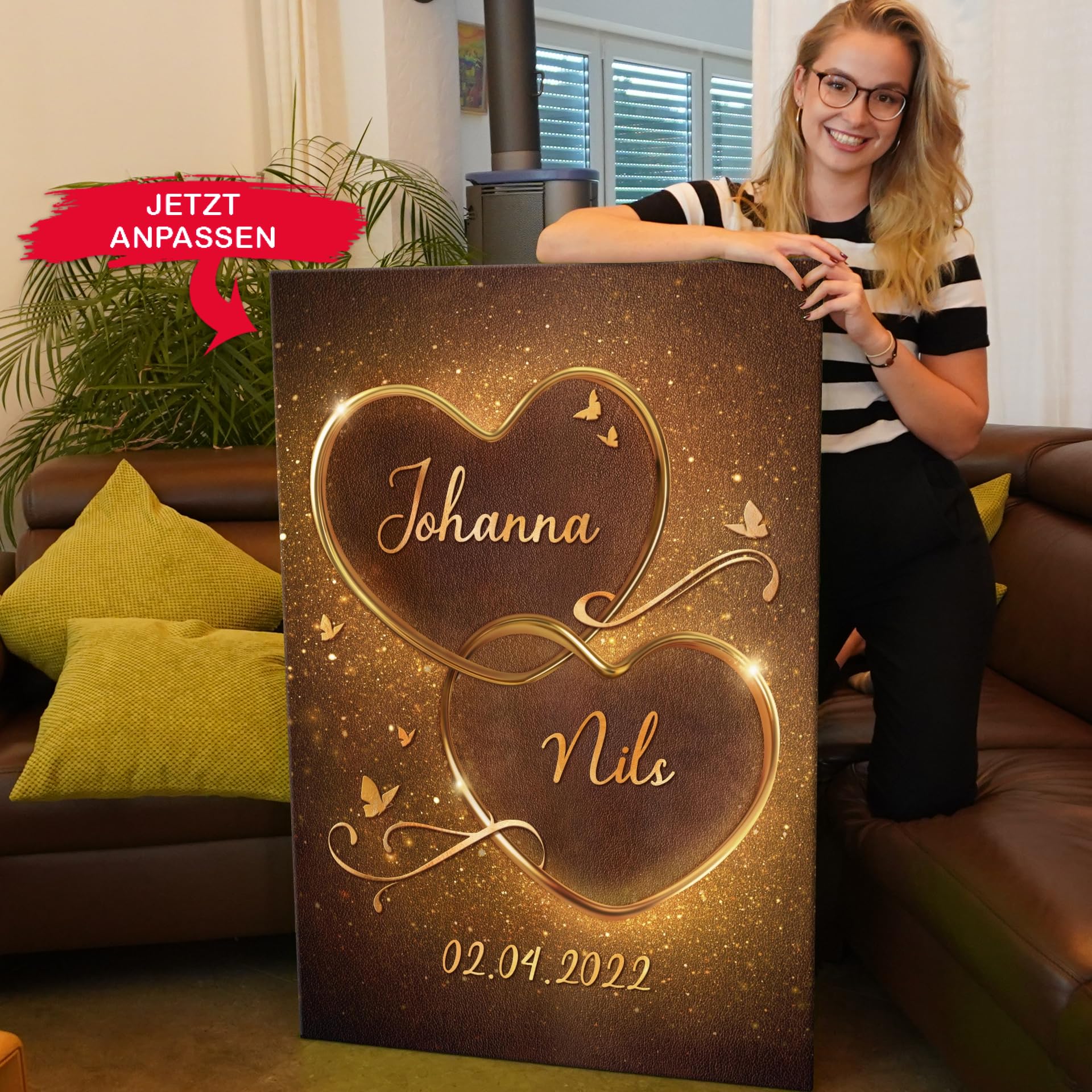 Liebesleinwand Personalisiertes Geschenk für Partner Geschenk Jahrestag, Verlobung, Hochzeitstag | Leinwandbild romantisch gestalten | Goldene Verbundenheit