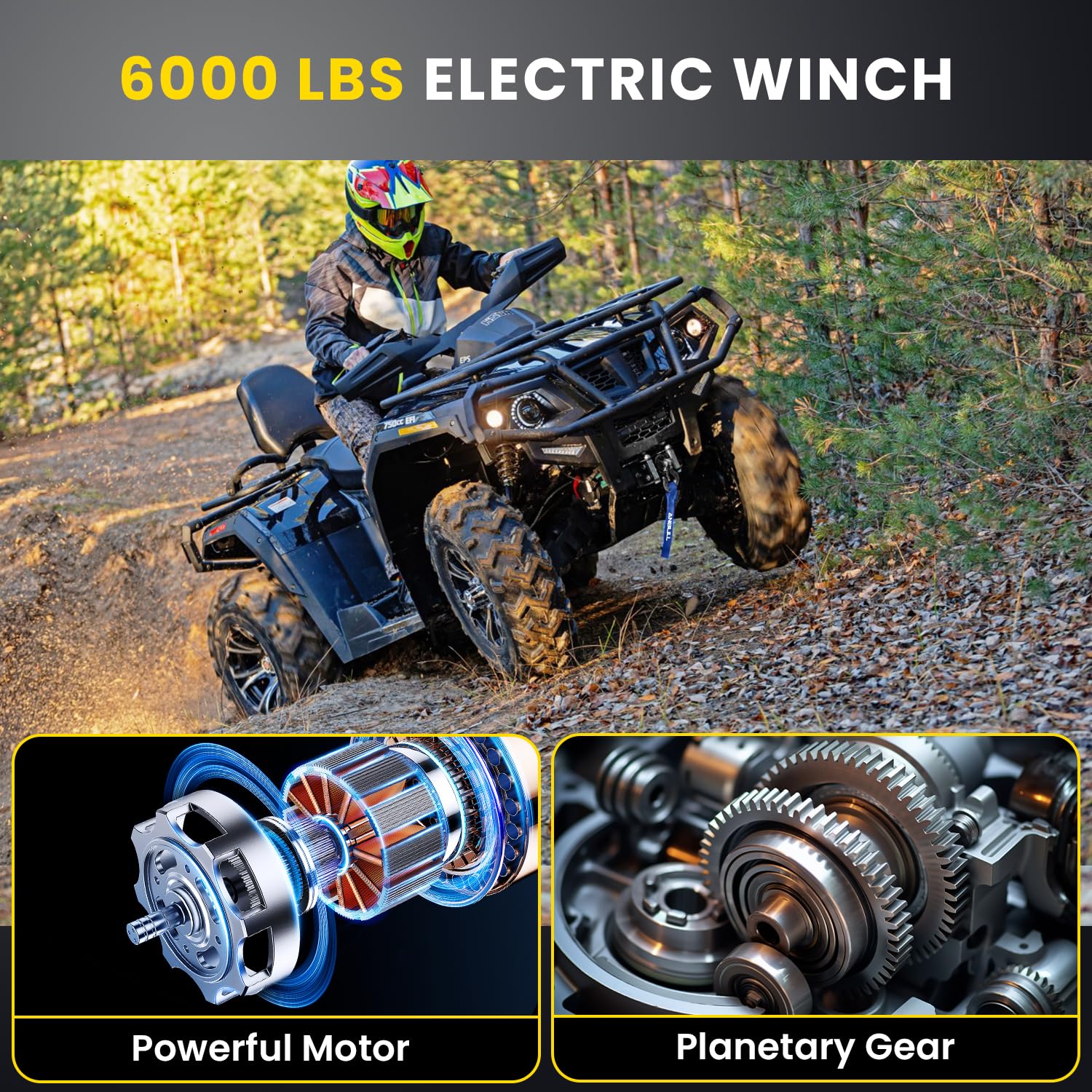 Anbull Cabrestante Eléctrico 12V 6 000 LBS/ 2722 Kg, No se requiere cableado, IP68 Impermeable, Cuerda sintética 6.3mm*16.8m, Cuerda de Nailon, Compatible para Quad, ATV, UTV