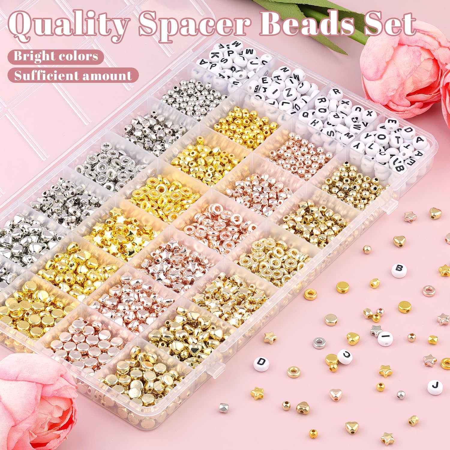 2420Pcs Assorted Gold Spacer Beads, Mini Acrylic Round, Heart, Star, Flat, Rhombic & Letter Beads for Jewelry Making & DIY Crafting (Gold, Silver, Rose Gold, KC Gold) - Image 6
