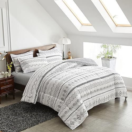Miniatura 9 de Flysheep Juego de edredón reversible bohemio de 7 piezas tamaño King, blanco y negro geométrico bohemio para todas las estaciones (1 edredón, 1