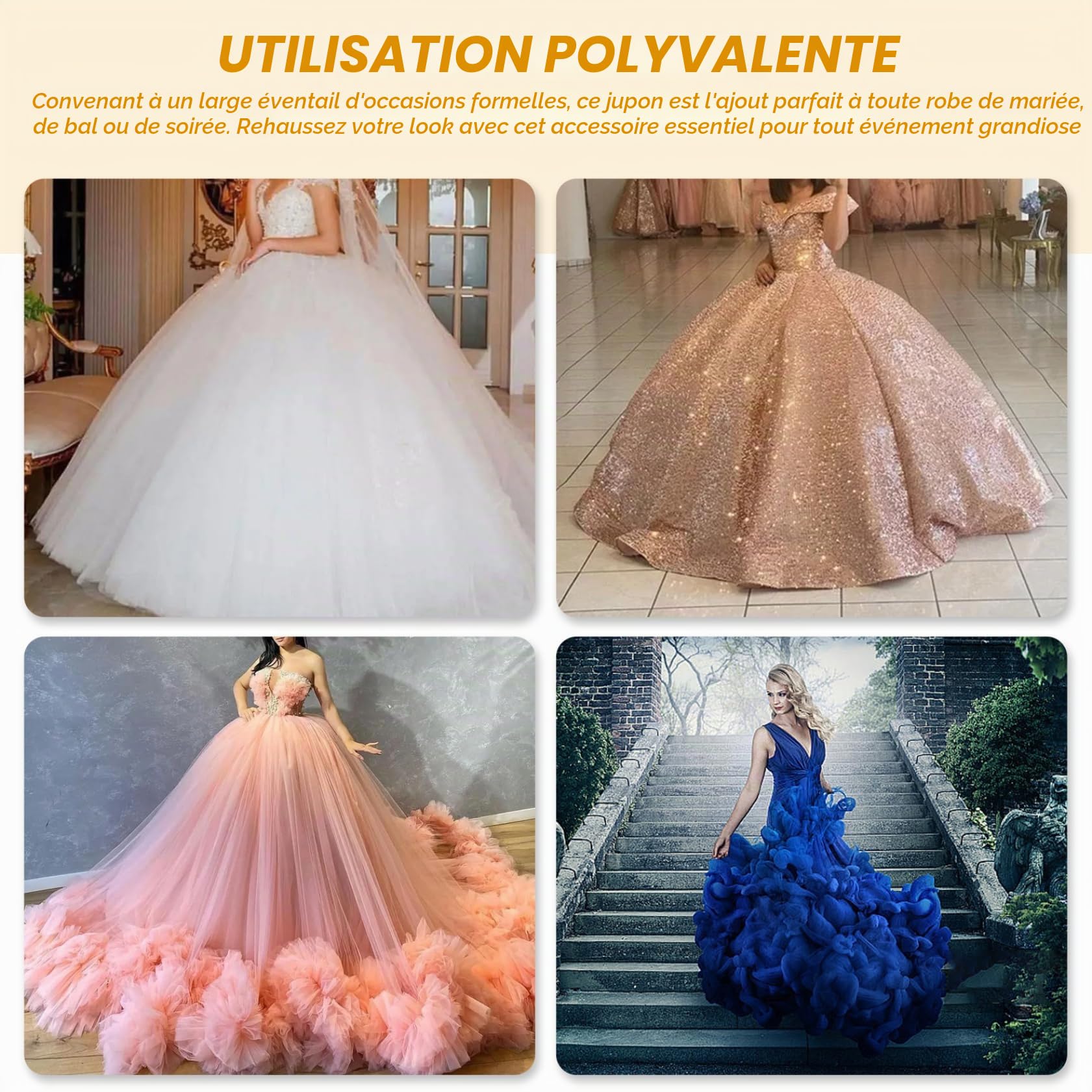 Jupon en tulle à 6 cerceaux 109 cm de long pour femme ajustable pour robe de mariée