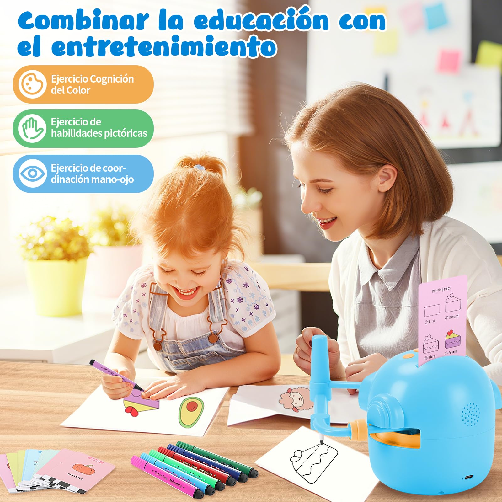 Charmofun Robot de Dibujo para Niños, Drawing Robot con 100 Tarjetas, Robots Inteligente Juguete Recargable, Juguete Educativo Interactivo con Voz para Niños y Niñas a Partir de 3 Años (Azul-2)