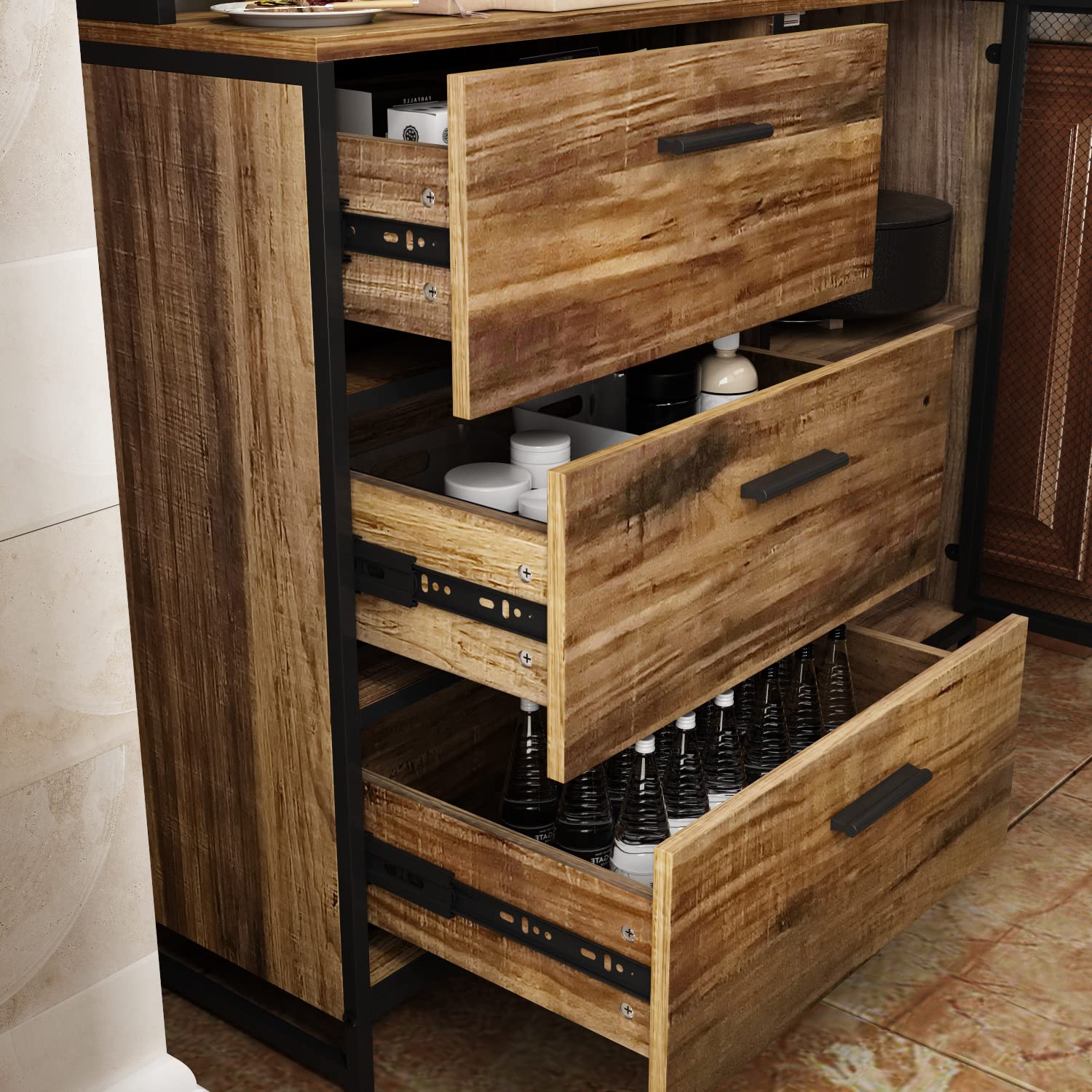 Buffet de Cuisine Industriel 100cm – Armoire Haute 175cm avec 3 Tiroirs, Porte Vitrée & Étagères Ouvertes – Meuble Métal-Bois pour Cuisine & Salle à Manger, 100×175×40cm
