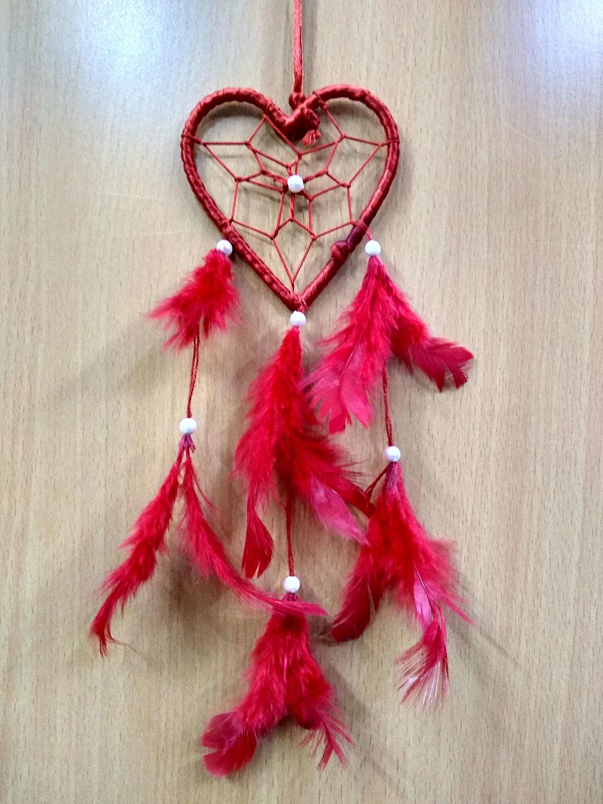 Fikimos Handmade Dream Catchers Wall Decor - Red Heart Feather Hanging With Small Lamp