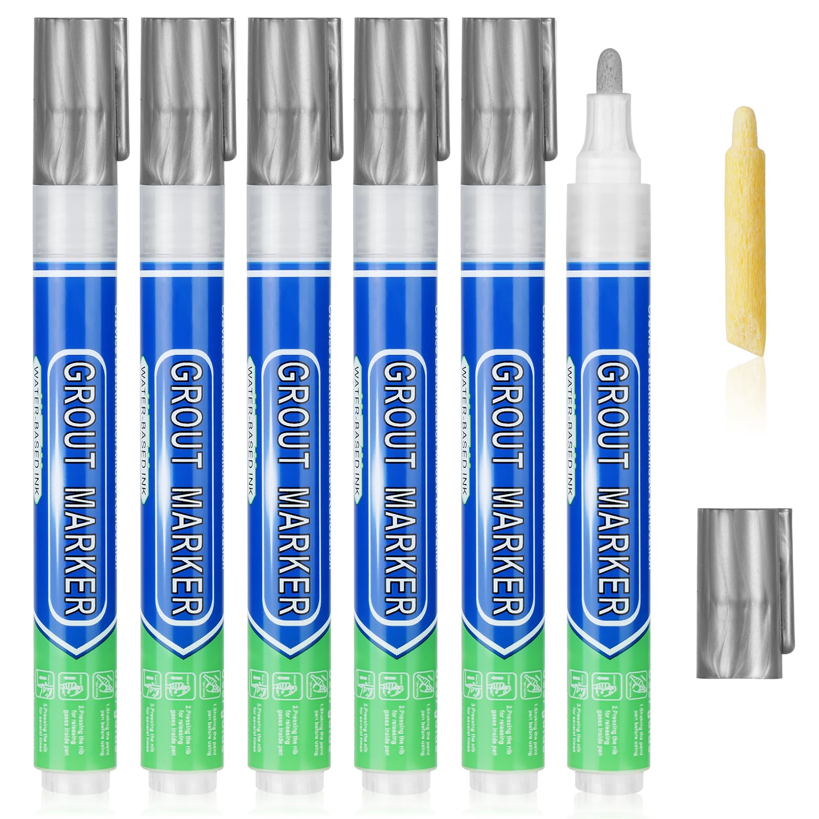 Flintronic Fliesenlack-Marker mit Ersatzspitze, Fliesen-Fugenstift, Wandreparaturstifte, Fliesenfugen-Reviver-Stifte, für Badezimmer, Küche, Bodenfliesen, Wandlinien (Silber), 6 Stück