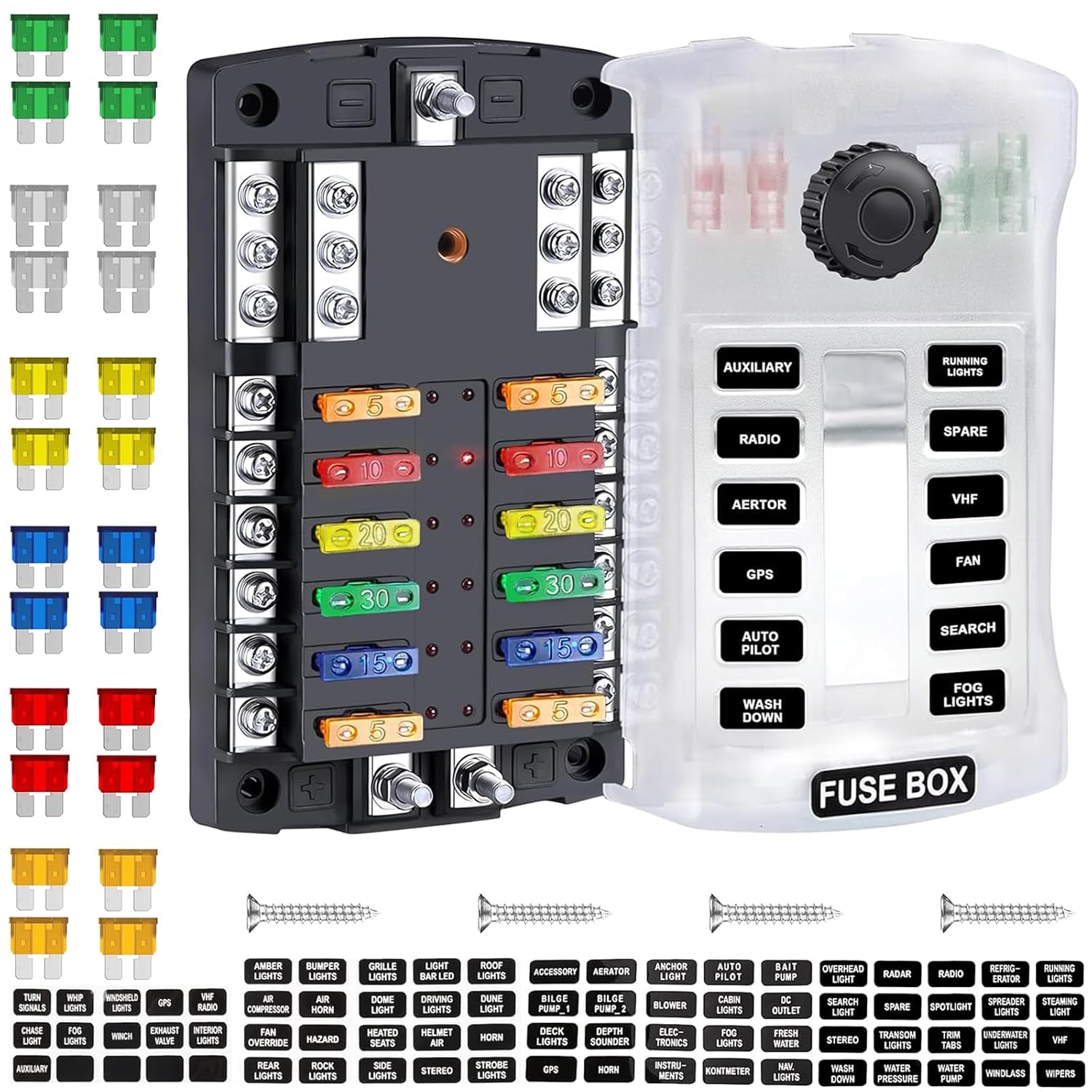300A 12 Way Blade Fuse Block, 12 Circuits Boat Fuse Box Panel with Dual Positive Power Inputs and Negative Bus, Standard ATC/ATO Fuse Holder with LED Indicator, for 12V/24V Car Truck Marine 300A 12 Way Blade Fuse Block, 12 Circuits Boat Fuse Box Panel with Dual Positive Power Inputs and Negative Bus, Standard ATC/ATO Fuse Holder with LED Indicator, for 12V/24V Car Truck Marine