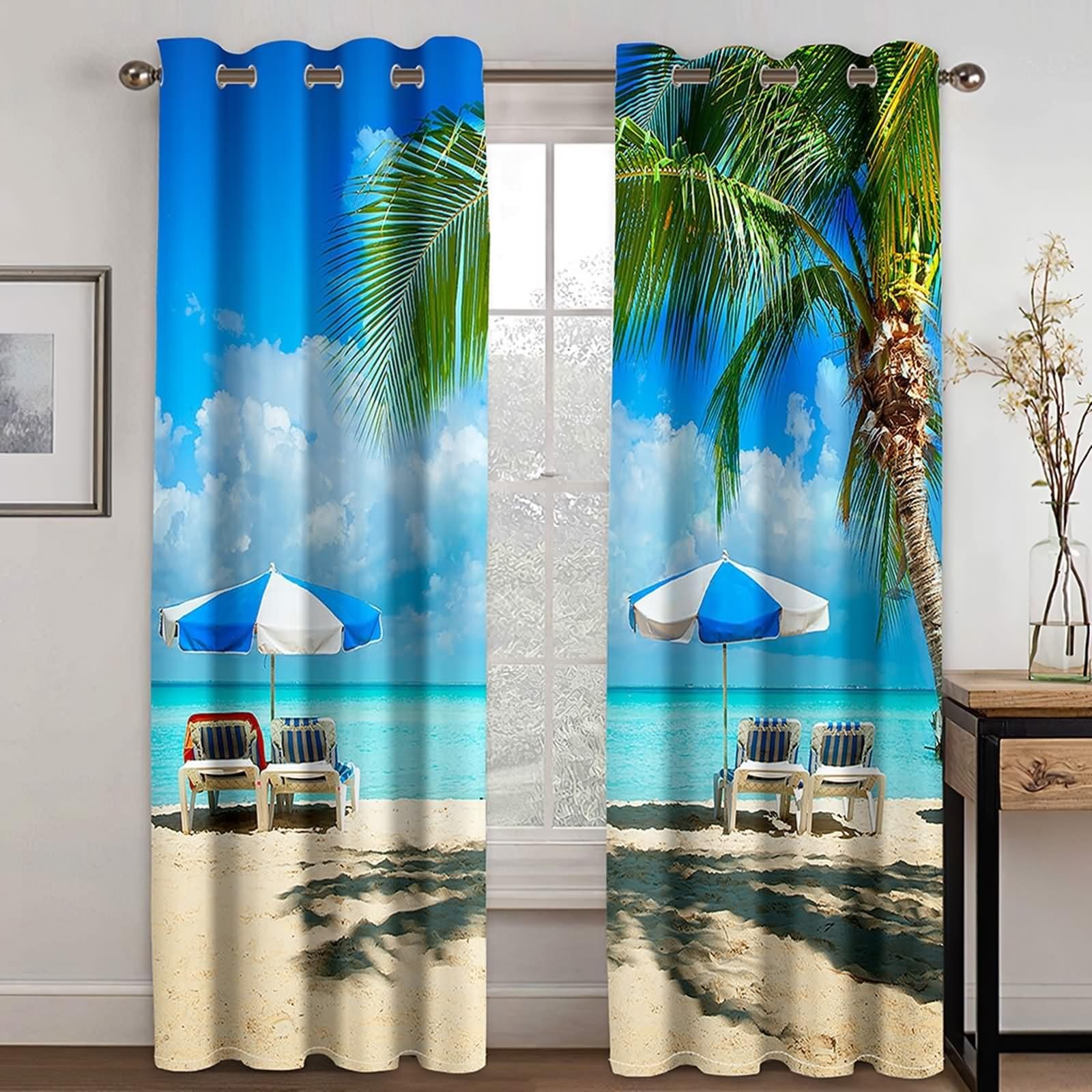 Rideau Boheme Exterieur, Rideaux Salon Bleu Vert Beige Style Vacances Tropicales - Paysage de Plage et de Mer Polyester 2 Panneaux 214x183cm