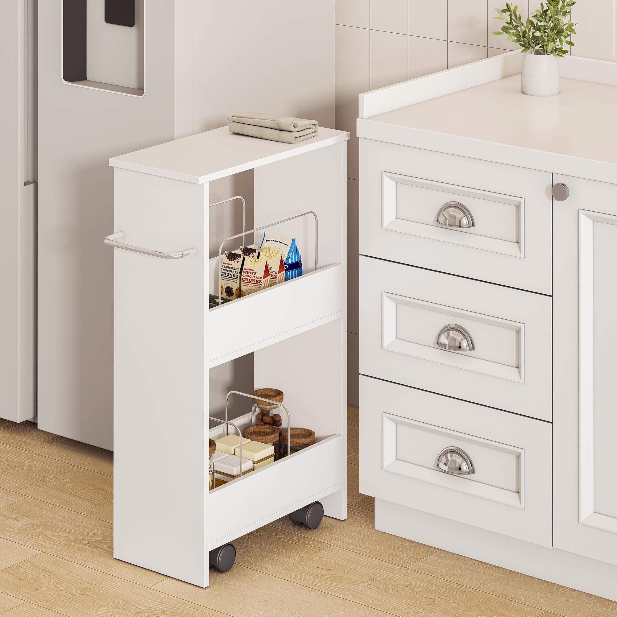 [en.casa] Carrito Auxiliar con Ruedas Katra con Barras Separadoras Mueble Baño de 2 Niveles Carro de Almacenamiento Cocina Fruteros de Cocina MDF 67 x 40 x 20 cm - Blanco