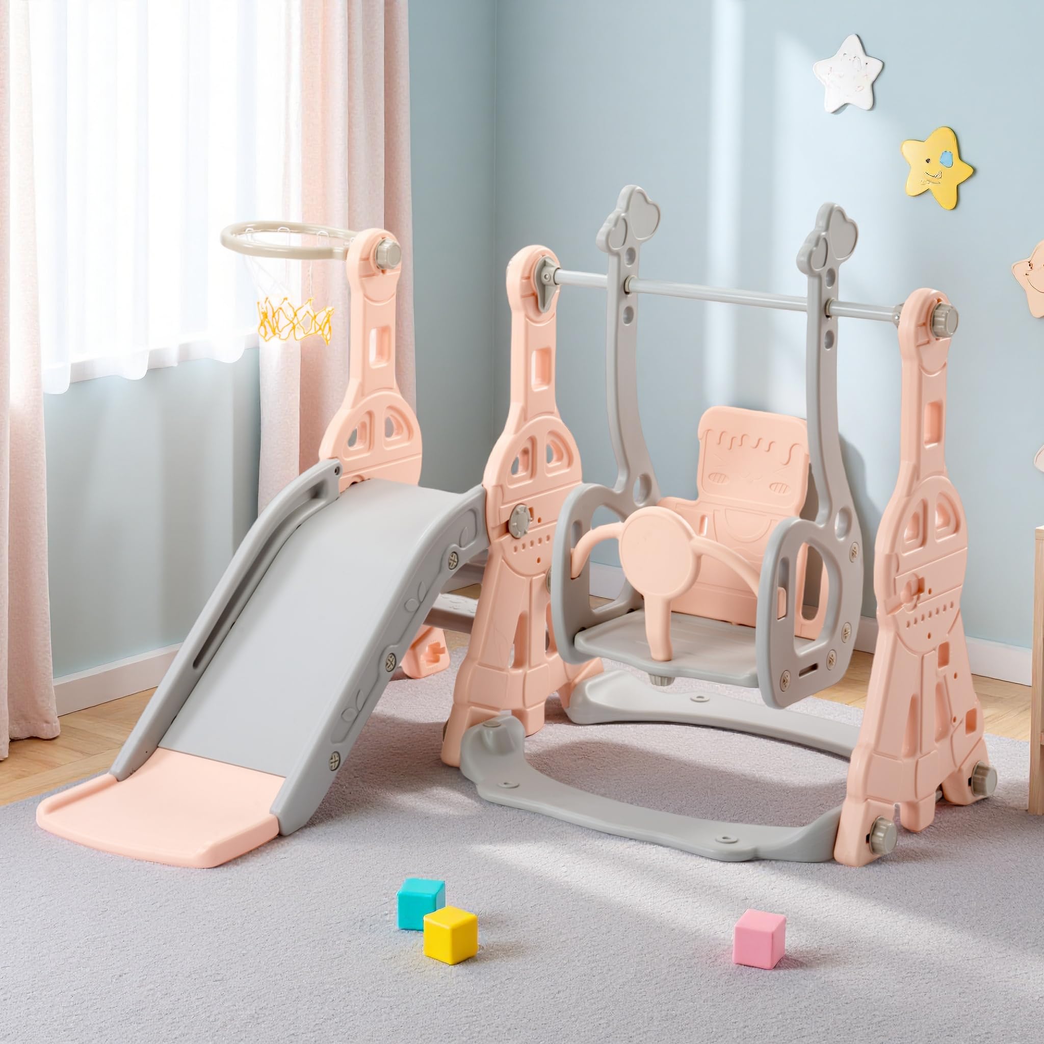 Scivolo per bambini 4 in 1, per interni ed esterni, con altalena, struttura per arrampicata, basket, scivolo da giardino, parco giochi per bambini, Easy Assembly (rosa – 4 in 1)