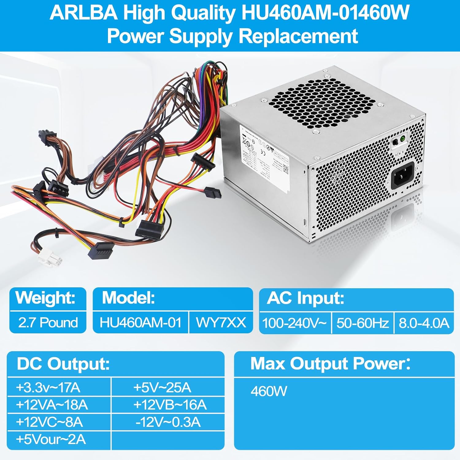 Upgraded HU460AM-01 460W Power Supply PSU Compatible with Dell XPS 8930 8920 8910 8900 8700 8300 8100 8000 Alien-Ware Aurora R5 Replacement DPS-460DB-15 AC460AM-01 WY7XX WC1T4 D460AM-03 L350AM-00