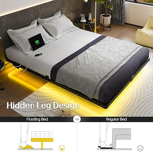Miniatura 5 de Base de cama flotante tamaño Queen con estación de carga USB y luces LED, marco de cama de plataforma de metal moderno con tapón deslizante para