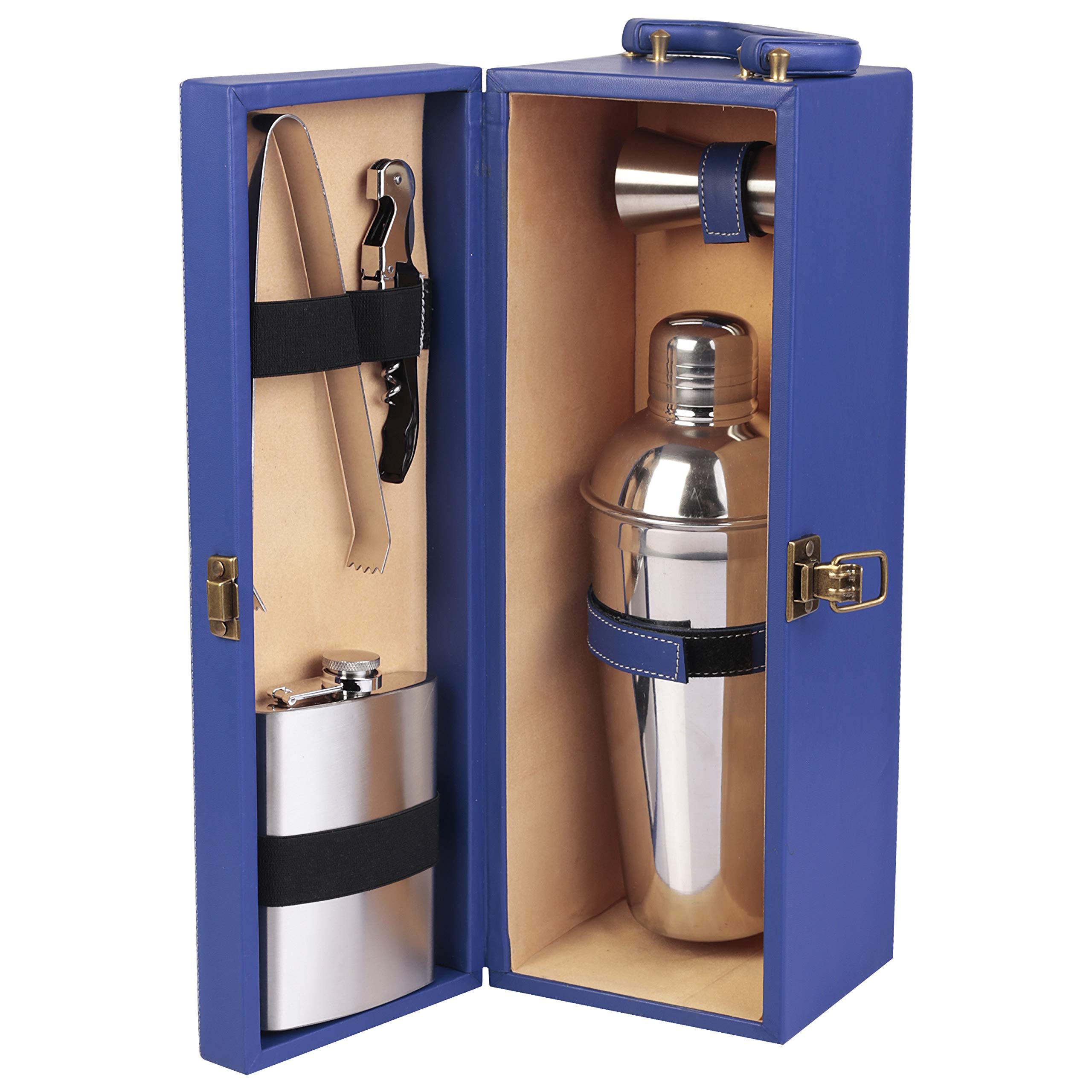 Anything & Everything Bar Accessories Portable Leatherette Bar Set | Whisky Case | Wine Case | Bar Tool Box (Blue & Beige)