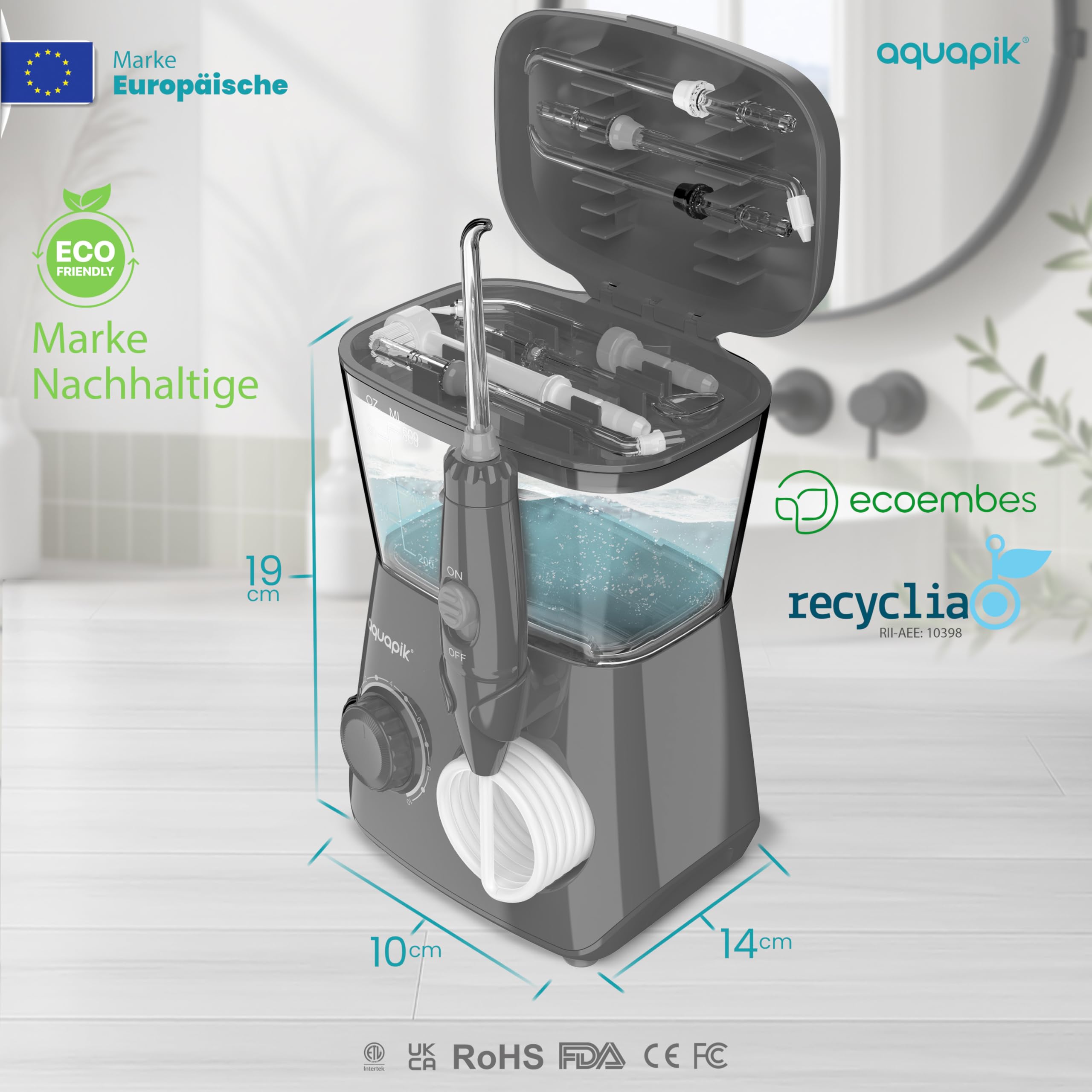 Aquapik® ADVANCED Munddusche | Ideal für Zahnspangen, Implantate und empfindliches Zahnfleisch | Aufhellungs-Kit entfernt Flecken | 10 Druckstufen | 10 Düsen | Von Zahnärzten empfohlen.