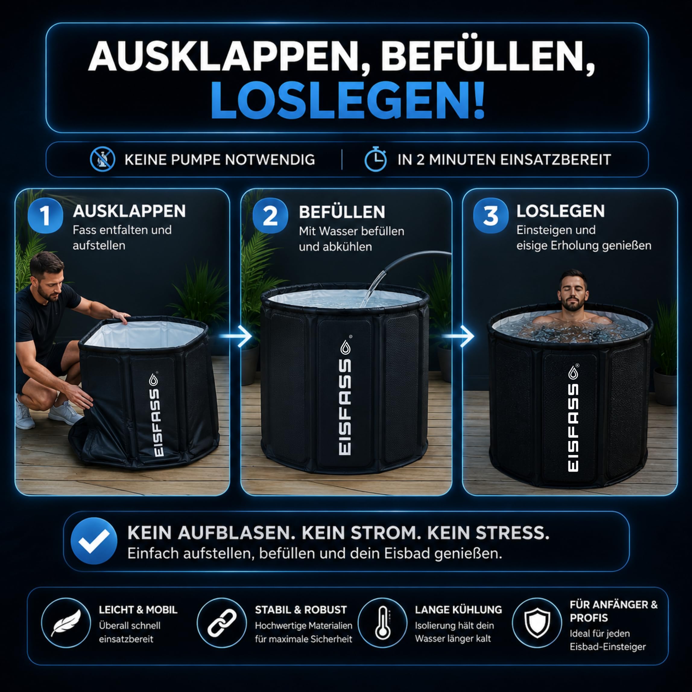 Eisfass® Easy Premium Eisbad für Zuhause – ausklappen, befüllen & loslegen | faltbare Eistonne mit Deckel & Isolierung | ideal für Kältetherapie, Sommer-Abkühlung, Anfänger & Sportler