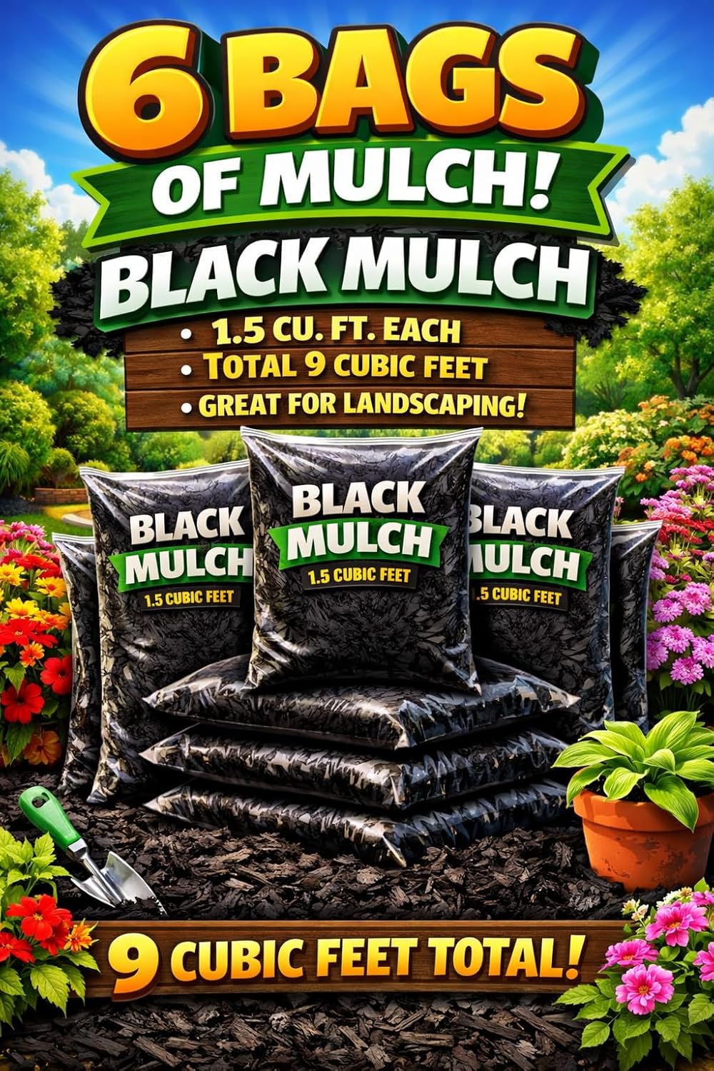 Premium Plus Mulch for Landscaping, 9 Cubic Feet Total, 6 Large Bags, 1.5 Cu Ft Each (Black)