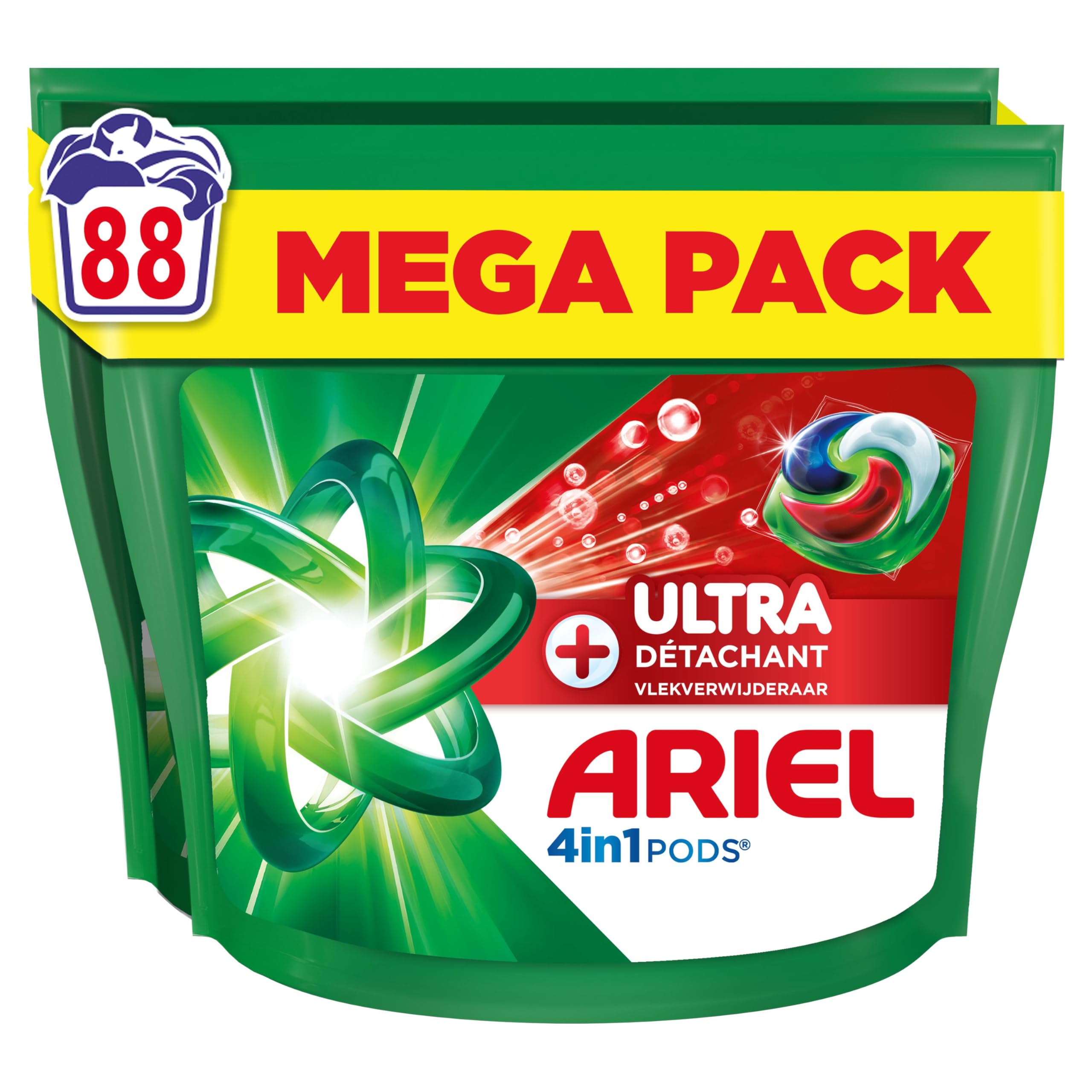 Ariel Pods 4en1 +Ultra Détachant, Lessive en Capsules, 88 Lavages (44x2), Élimine Même les Tâches Incrustées Depuis 7 Jours, Dissolution Rapide Même à Froid, Fabriqué en France