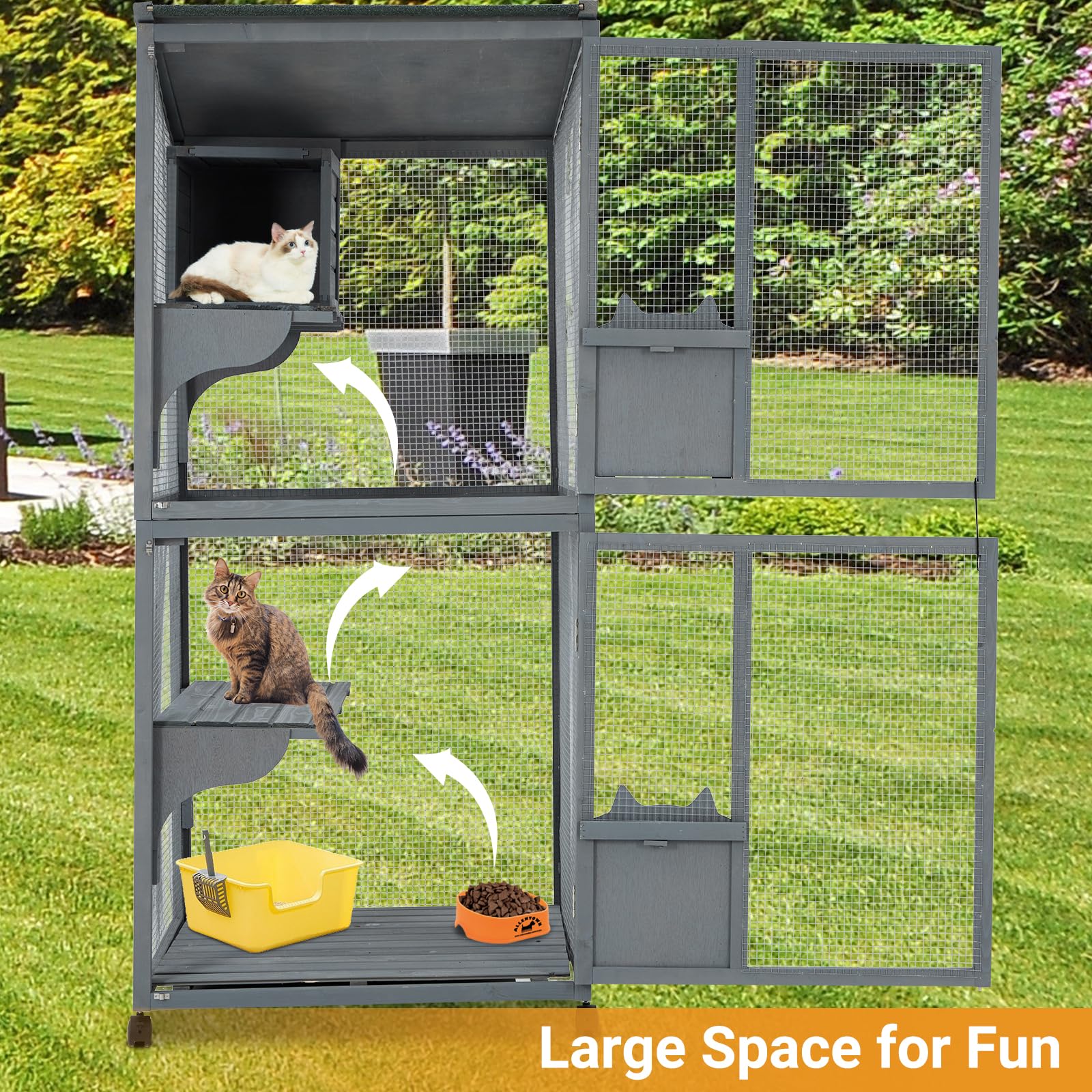 GarveeLife Large 2-Tier Outdoor Cat House, Small Animal Enclosure with 2 Lockable Doors, Catio with Waterproof Cover and Sunshine Panel Roof, Portable Kitty House with Resting Boxes & Fixable Wheels