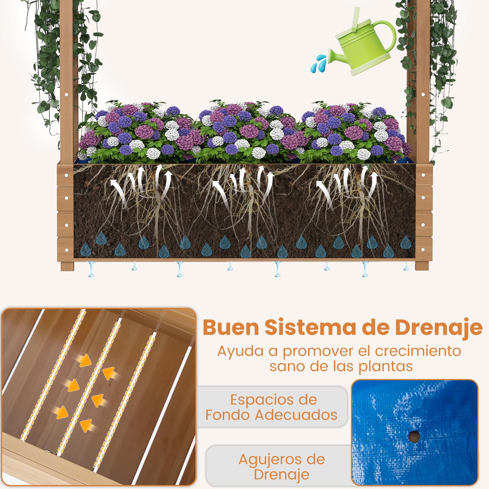 COSTWAY Jardinera Elevada con Enrejado, Jardinera de Madera Maciza con Techo Colgante, 2 Enrejados Laterales, Contenedor Elevado para Plantas de Jardín, para Plantas Trepadoras, 110 x 40 x 124 cm