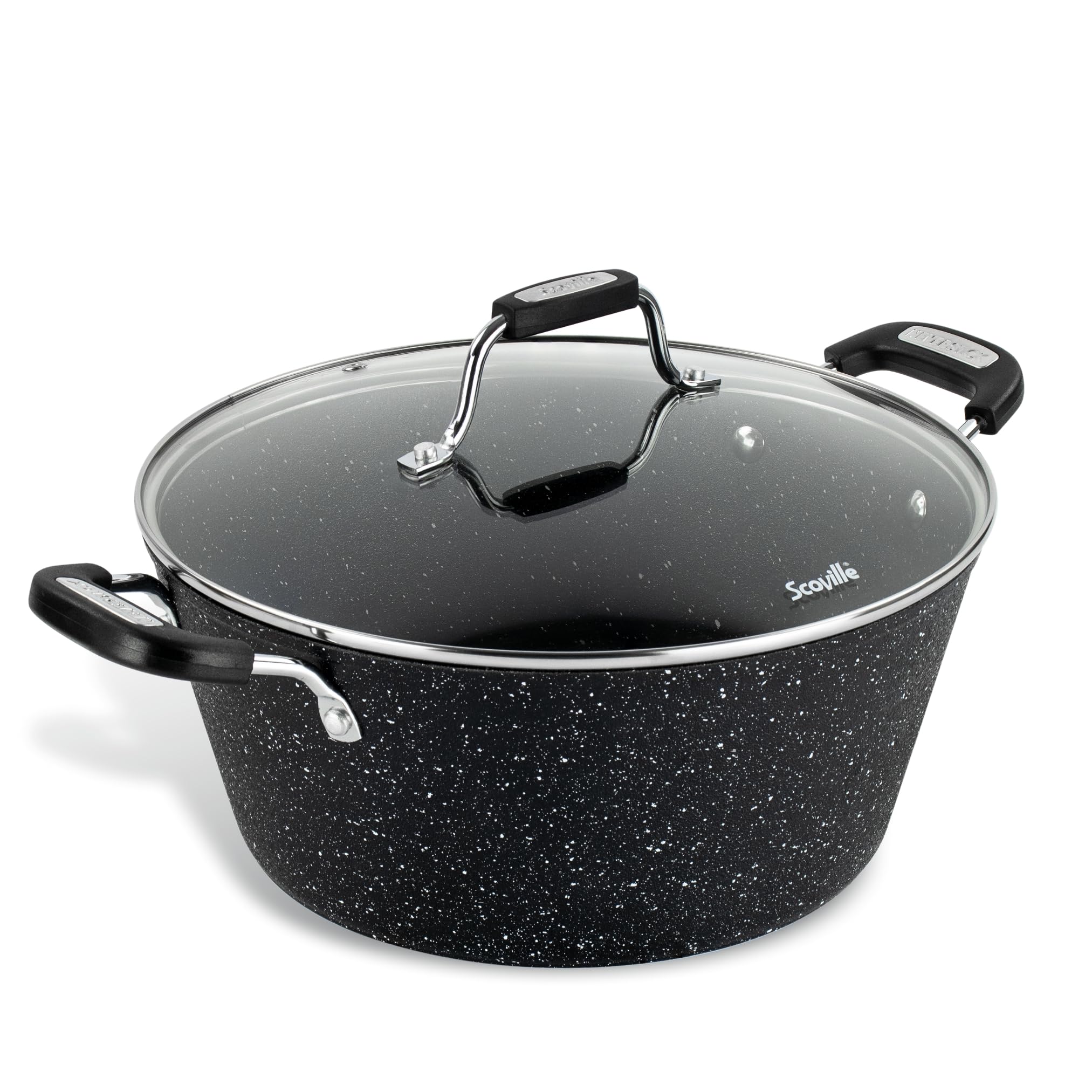 Scoville NEVERSTICK 28cm Stock Pot with Lid, Deep Non-Stick Cooking Pot, 5.5L, Suitable for All Hobs Including Induction, Rapid Heat Conduction, PFOA Free, Dishwasher Safe, Aluminium, Black