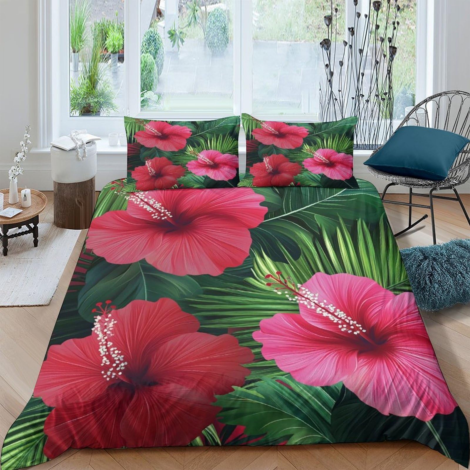 Ctjqhvkz Style-5 3D Printed Tropical Hibiscus Fitted Sheet Microfiber Soft Red Flower Bed Cover For Bedroom Guest Room Decor Single（135X200cm）