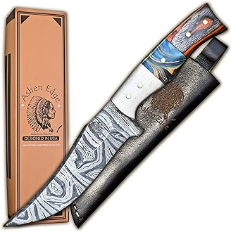 Damascus Steel 4.3" Hunting Knife | Lightweight 7.8" Total Length with 3.5" Ergonomic Handle & Printed Leather Sheath | Premium Tool for Camping, Hiking, and Outdoor Adventures (Multicolor)