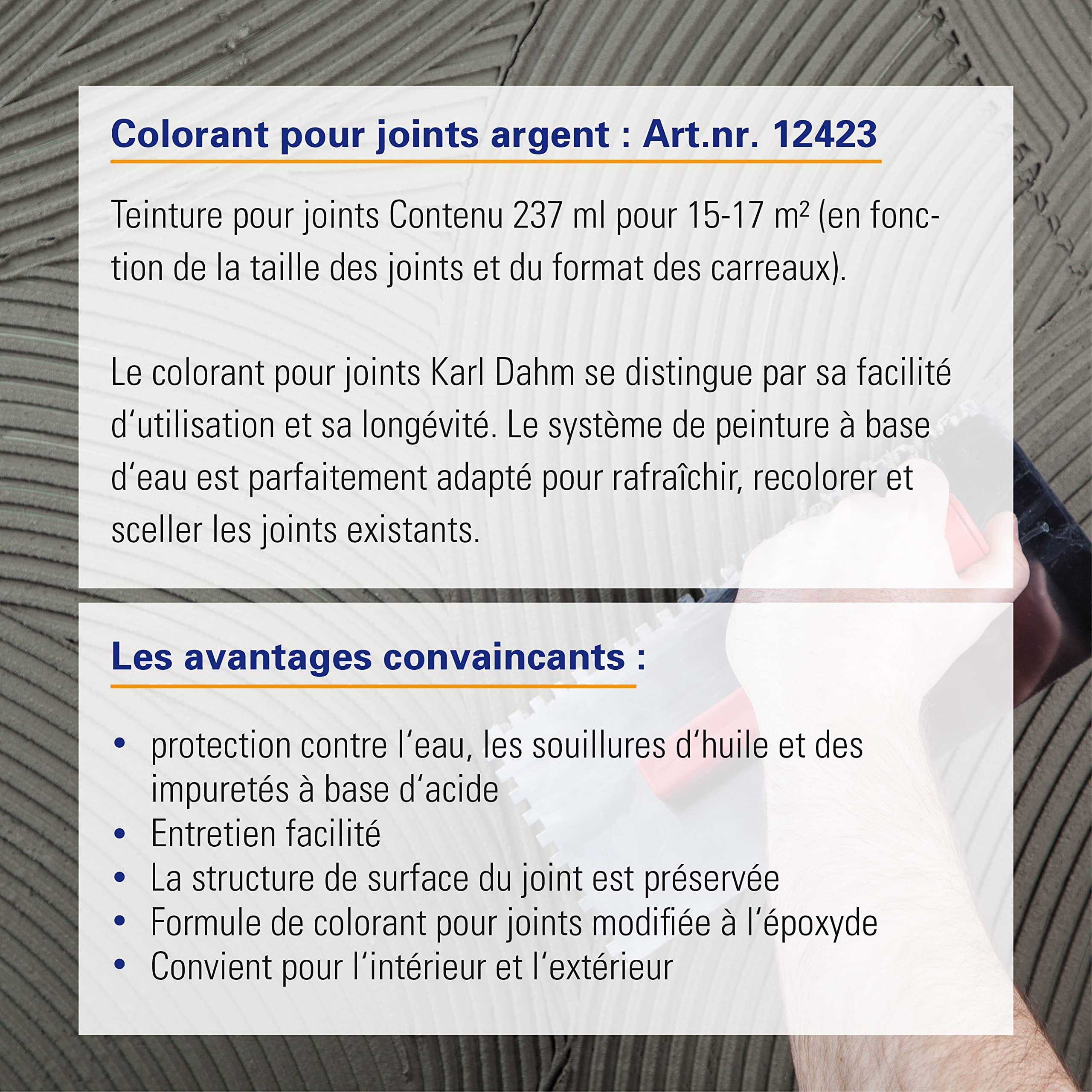 Karl Dahm Teinture pour Joints – Coloration Joint Argent 237 ml I Retouche Joints d’Intérieur et Peinture Joints en Diverses Couleurs I Colorant Joint et Scellement Joints de Carrelage – 12423