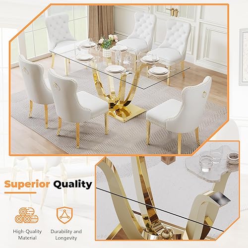 Miniatura 5 de Juego de mesa de comedor de cristal de 70 pulgadas para 6, moderna mesa de cocina de vidrio de 7 piezas y 6 sillas tapizadas de terciopelo, juego