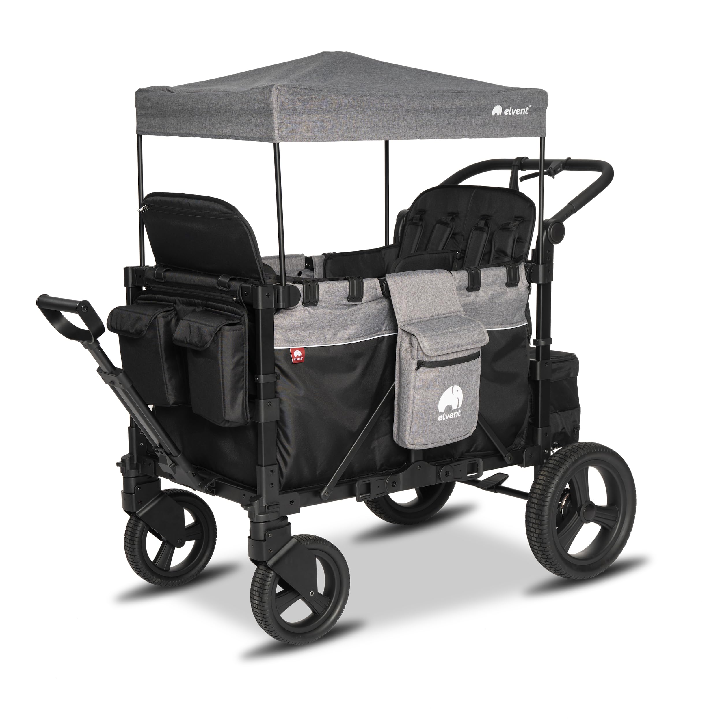 elvent® FlexProfessional 4 Bollerwagen 4-Sitzer | TÜV-Zertifiziert I Handwagen faltbar mit Dach, 5-Punkt-Gurt, Feststellbremse, 100 kg | Kita & Tagespflege (Grau)