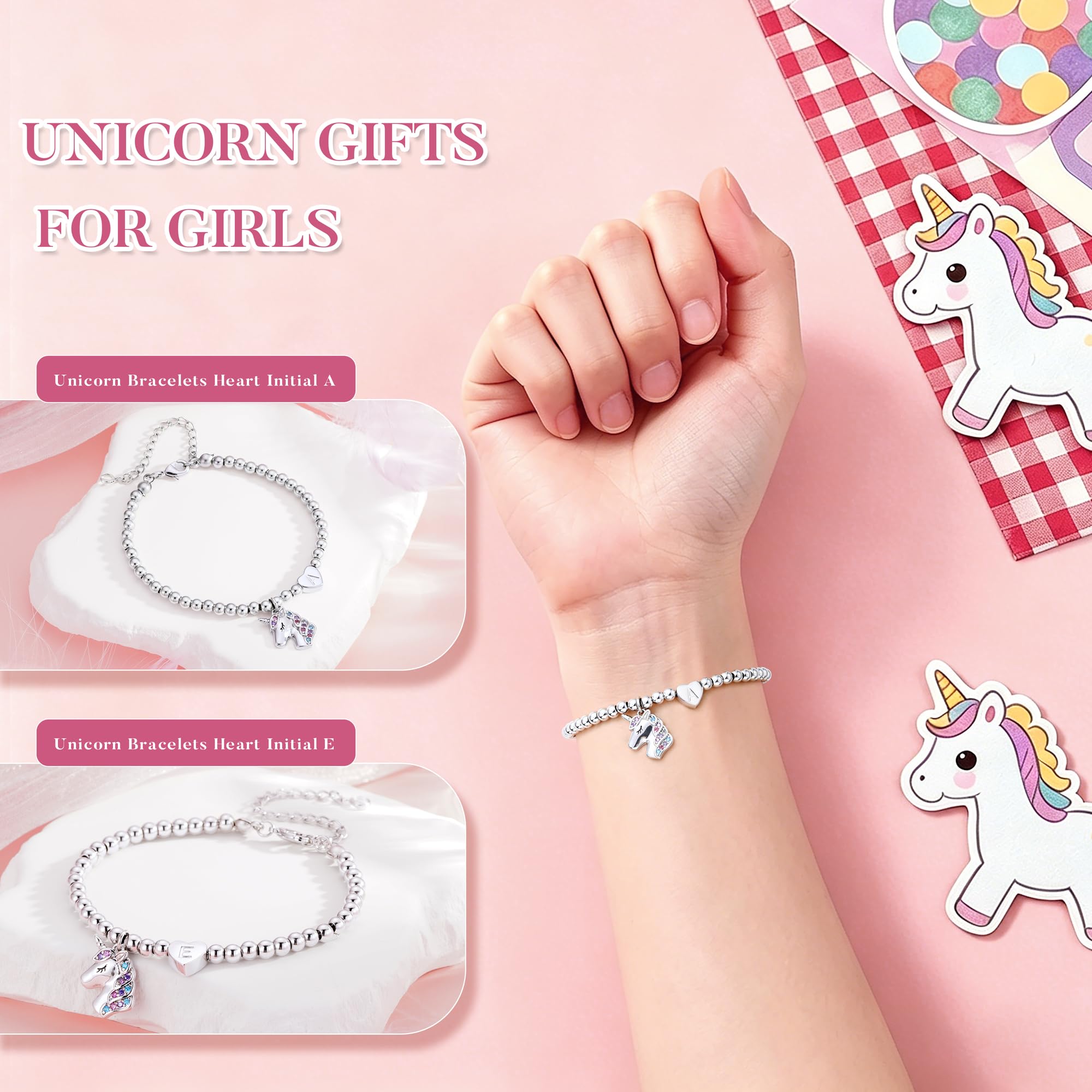Turandoss Einhorn Armband für Mädchen - 14K Weißgold Vergoldet Silber Herz Perlenarmband mit Buchstaben für Mädchen Kinderschmuck, Einschulung Geschenk Einhorn Geschenke für Tochter Enkelin