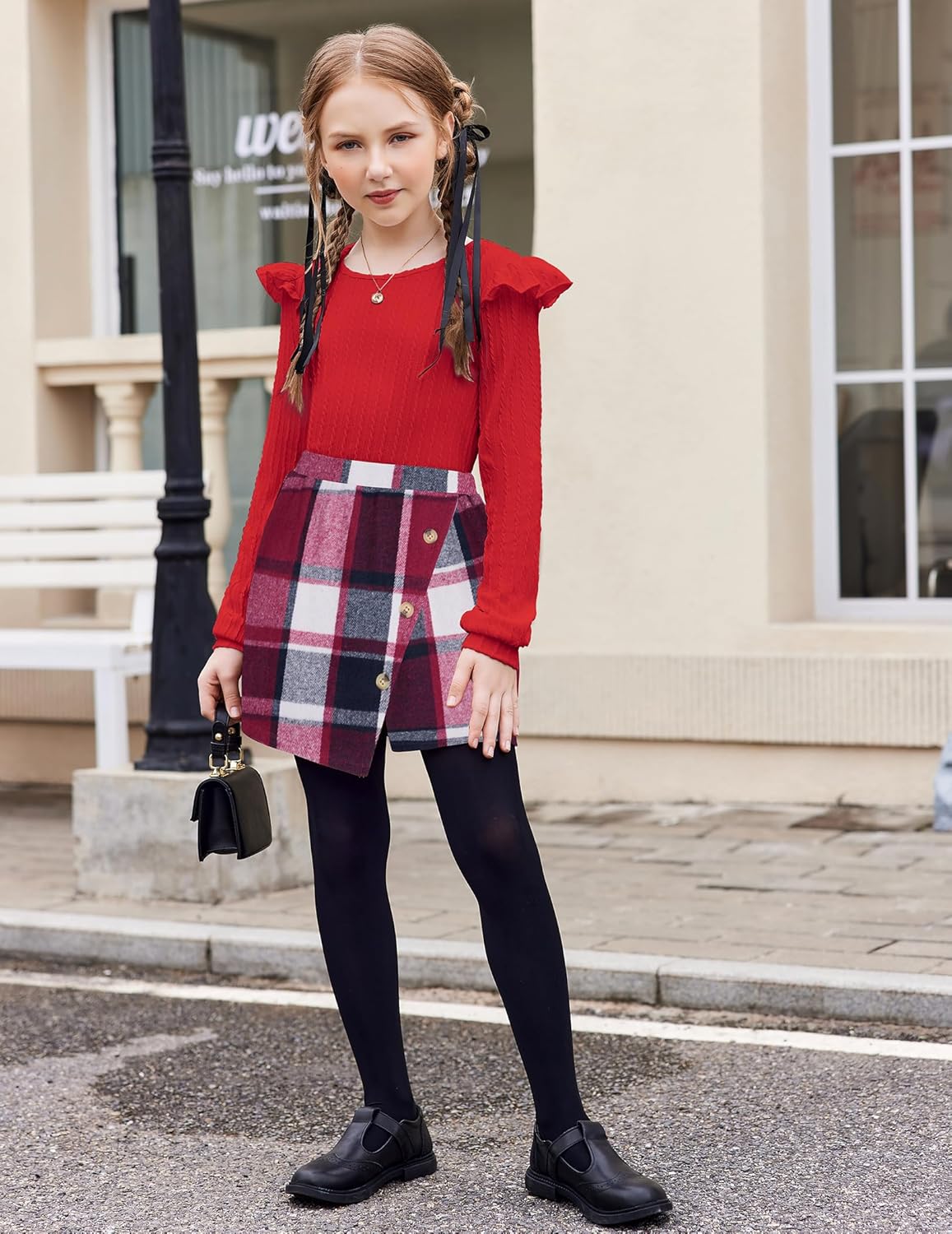 Arshiner Girls Skirt Sets Ruffle Sleeve Top and Plaid Mini Skirt 2 Piece Fall Winter Outfits for Kids - Image 4
