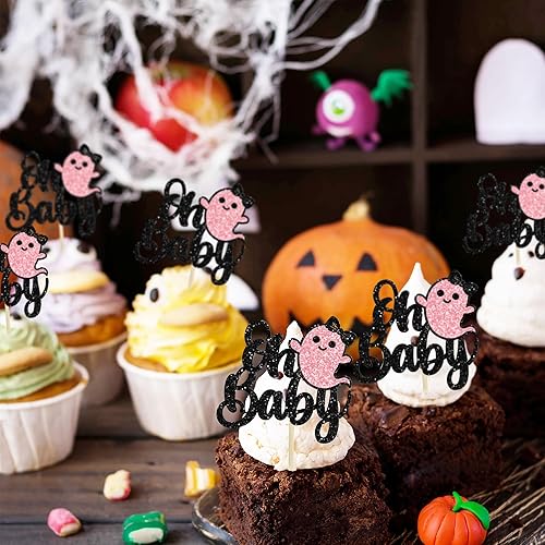 Miniatura 7 de 24 adornos para cupcakes Ghost Oh Baby con purpurina negra para Halloween, baby shower, decoración de cupcakes de Halloween para baby shower,