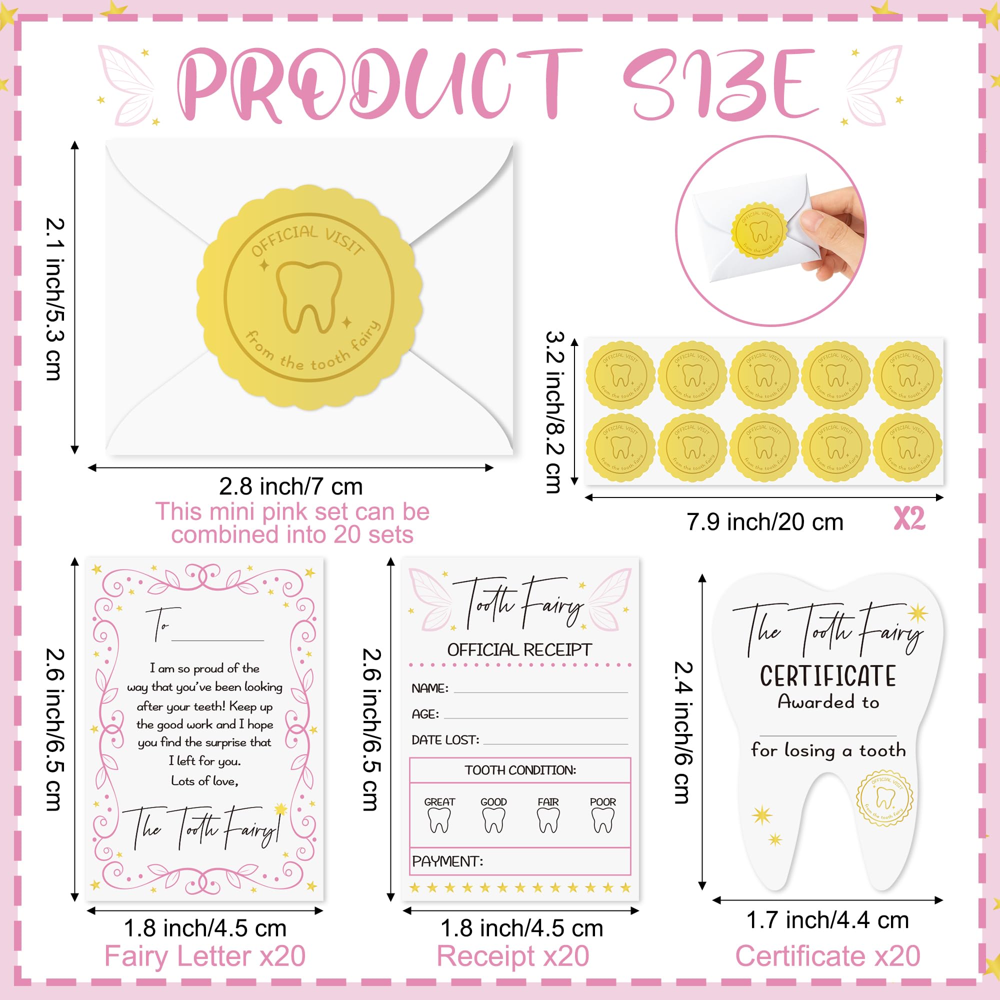 Mini Tooth Receipt Set - 20 Set Pink Tooth Cards with Envelope and Fairy Letter for Kids, Lost Teeth Certificate Keepsake Postmark Gift Bag with Seal Stickers for Girls Boys Home School Award