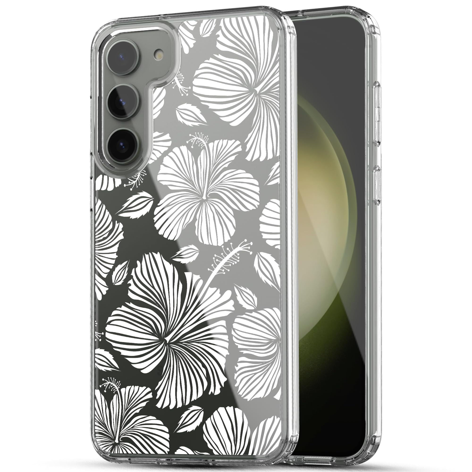 RANZ Galaxy S23 Case, Anti-Scratch Shockproof Series Clear Hard PC+ TPU Bumper Protective Cover Case for Samsung Galaxy S23 - White Hibiscus Flowers