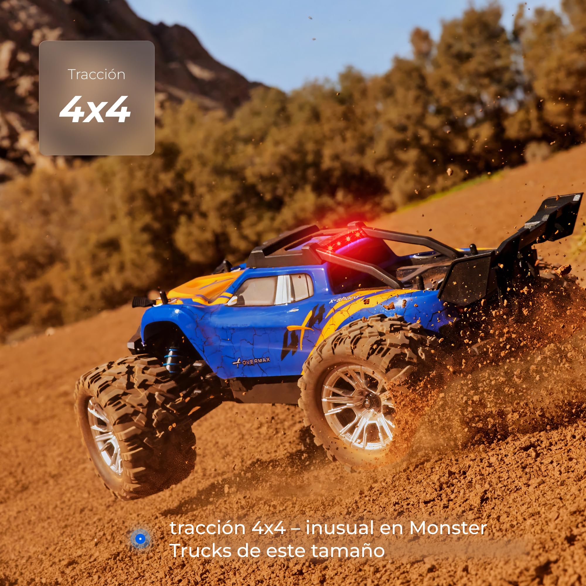 Overmax X-Shard - Coche teledirigido 4WD 1:16 Offroad, hasta 30 km/h, con limitador de Tempo, 2,4 GHz RC Monster Truck con accionamiento de Metal, amortiguadores, Alcance de 90 m, para niños a Partir