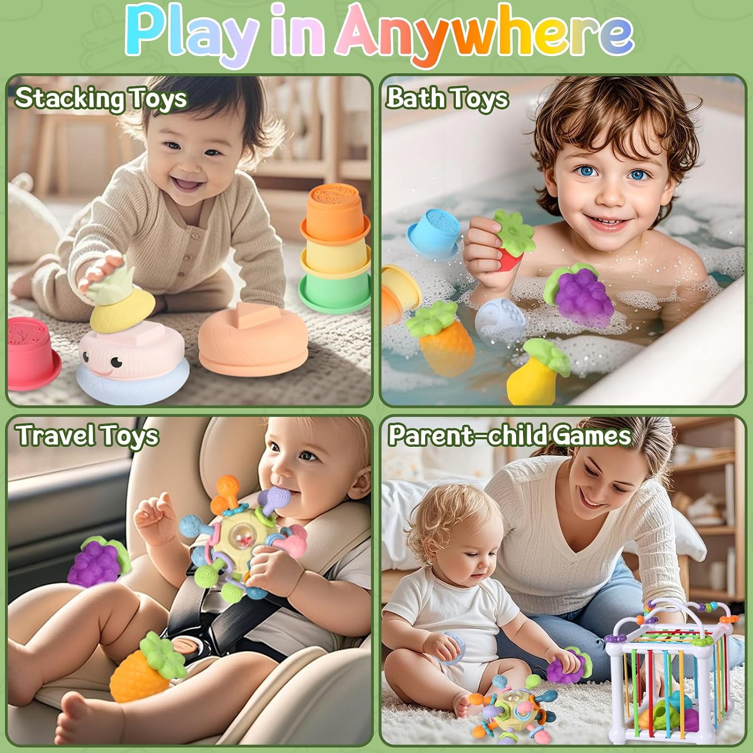 6-in-1 Montessori Baby Toys for 6-12-18 Months, Fun Infant Toys with Shape Sorter Sensory Bin, Stacking Rings, Bath Toys,Soft Fruit, Learning Developmental Toys Gifts for 1 2 3 Year Old Boys Girls