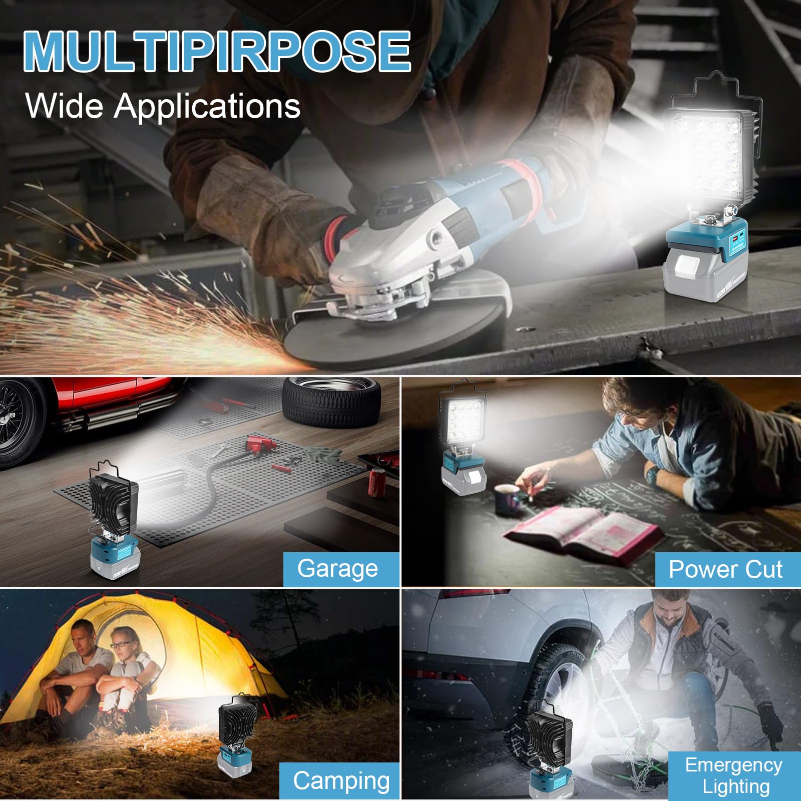 QUPERR Lampa bezprzewodowa kompatybilna z Makita 18V, 48W 5800LM LED lampa robocza, przenośny reflektor z USB i Type-C do auta, kempingu i awaryjnego oświetlenia (bez akumulatora)