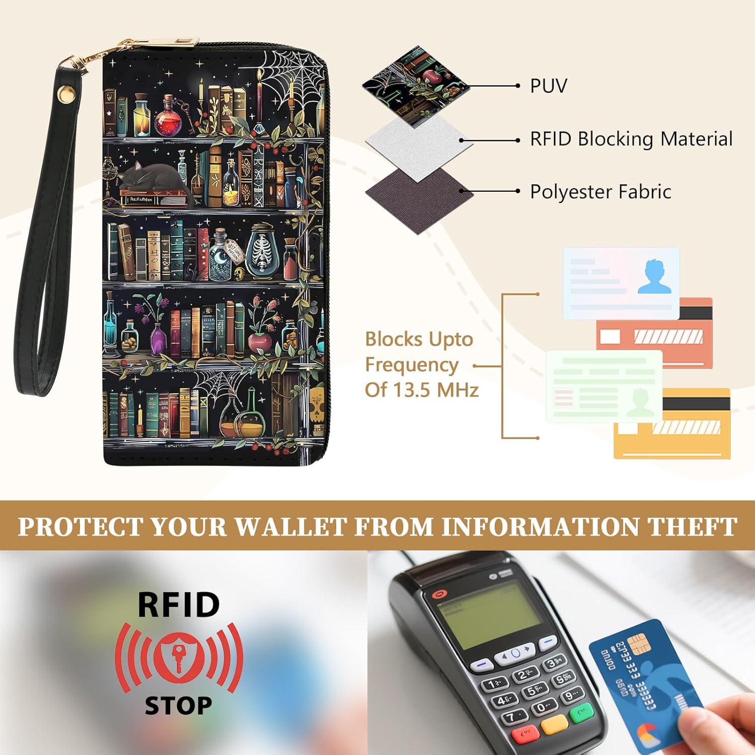 Books Goth Gothic Womens Wallet, Wristlet RFID Blocking Wallets for Women, Ladies Purse with Zip Around Credit Card Holder and 10 Card Slots & ID Window, Travel Large Capacity Women's Clutch Organizer - Image 4