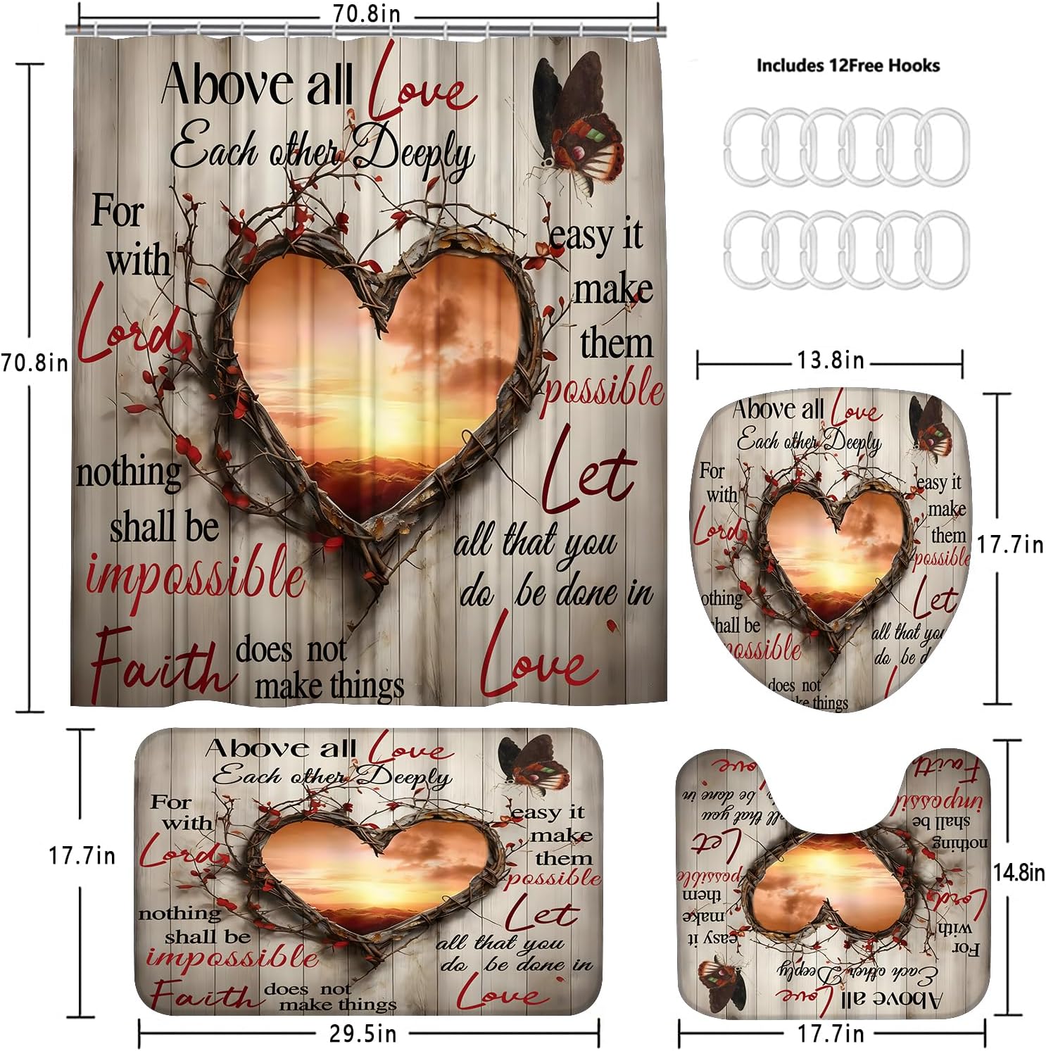 AZHM Sunset Love Heart Shower Curtain Set 4 PCS Inspirational Quote Bathroom Rug Set with Shower Curtain and 12 Hooks