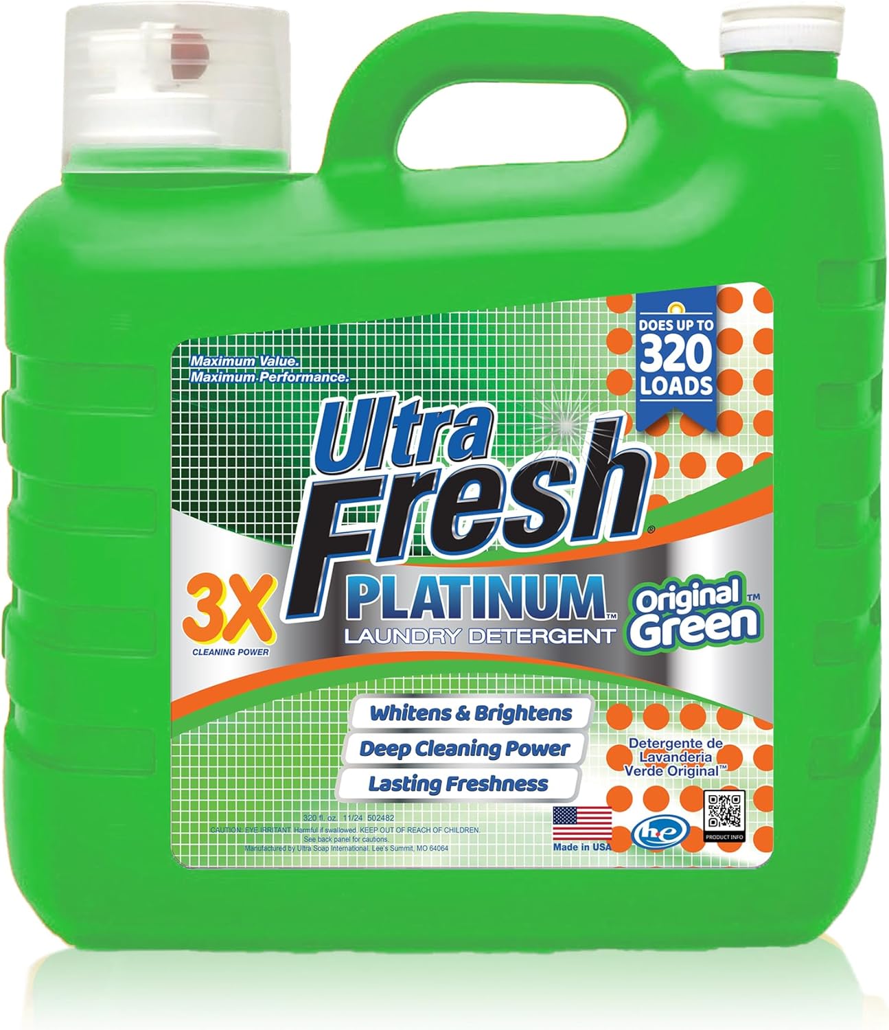 Ultra Fresh 2 Pack 3X Platinum Liquid Laundry Detergent up to 320 Loads, Original Green - Deep Cleaning Power and Fresh Scent for Washing Clothes
