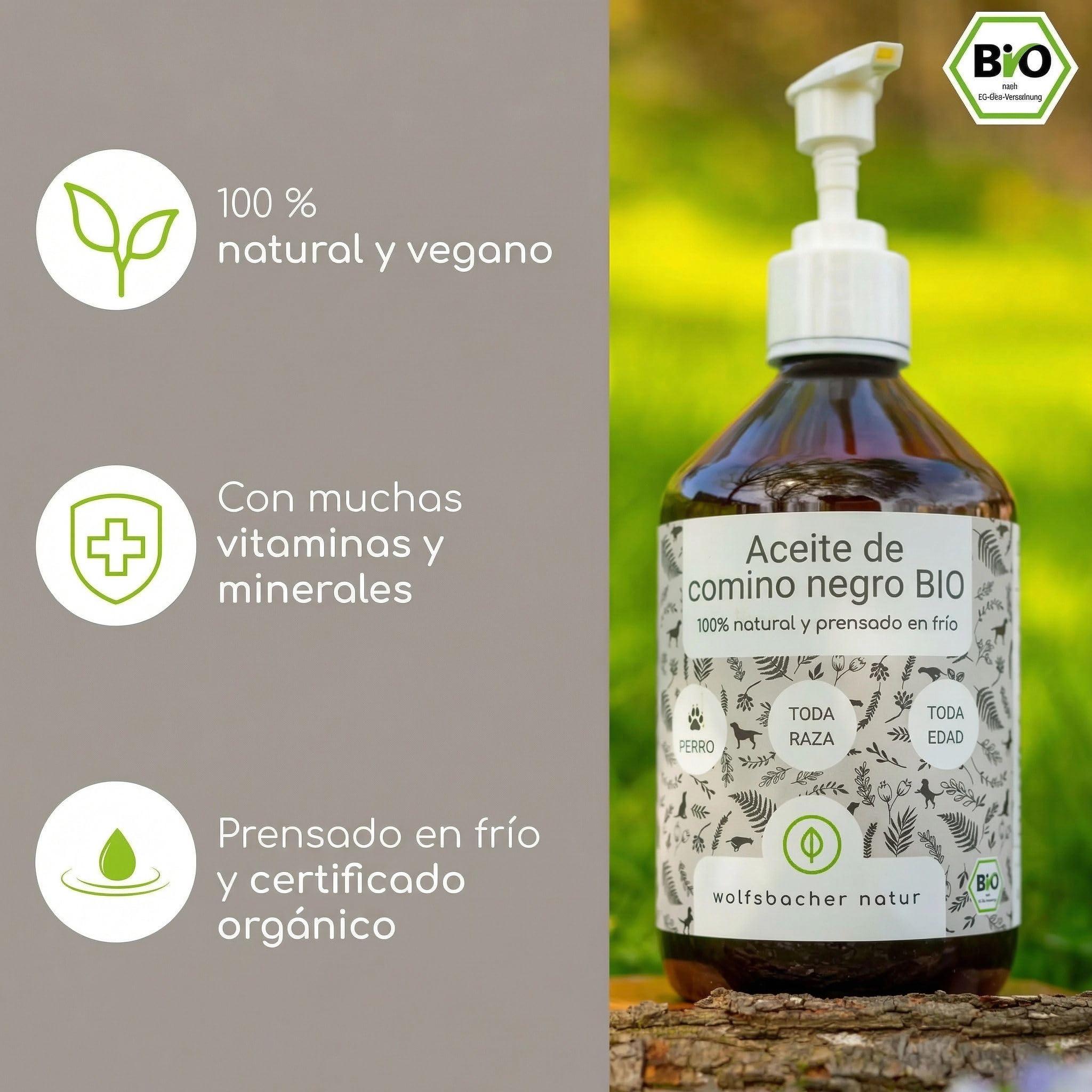 Aceite de comino Negro ecológico para Perros 500ml - prensado en frío, 100% Cultivo biológico, en Botella de Vidrio con gotero - Puro Aceite Egipcio de Nigella Sativa