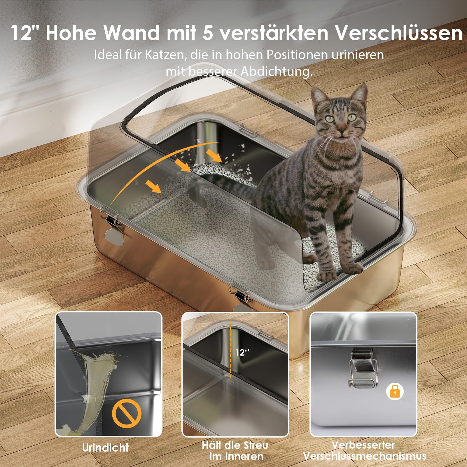 Youyijia XXL Katzentoilette Edelstahl, 30L Katzentoilette mit spritzwassergeschützt Deckel, großem Metall-Streubehälter, Streumatte und Streuschaufel, große und mittelgroße Katzen, 59,5 x 39,5 x 30 cm