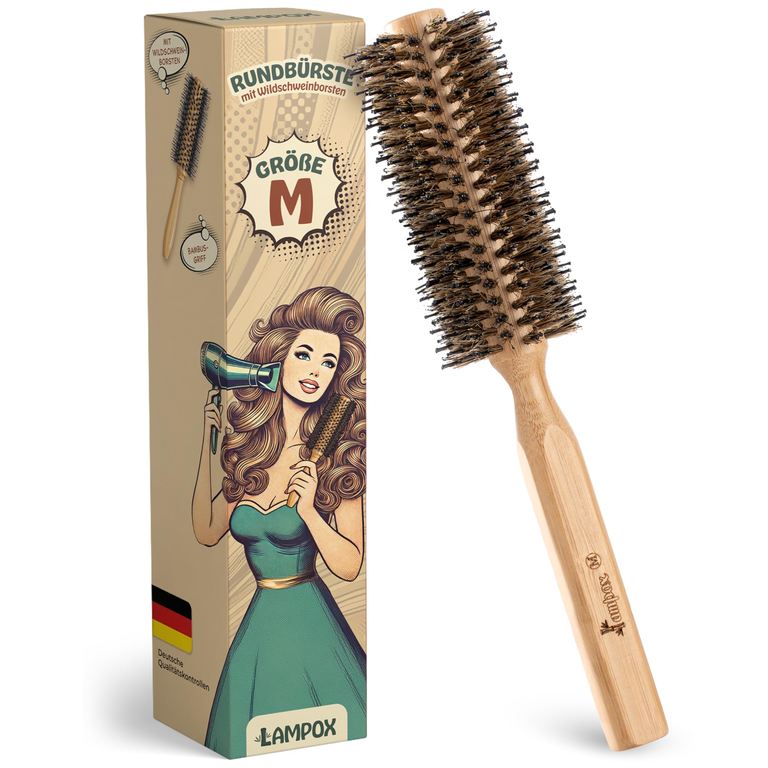 lampox Rundbürste zum Föhnen mit Wildschweinborsten für Volumen und Glanz, Rundhaarbürste, Stylingbürste für Frauen und Männer, Glätten, Locken (M)