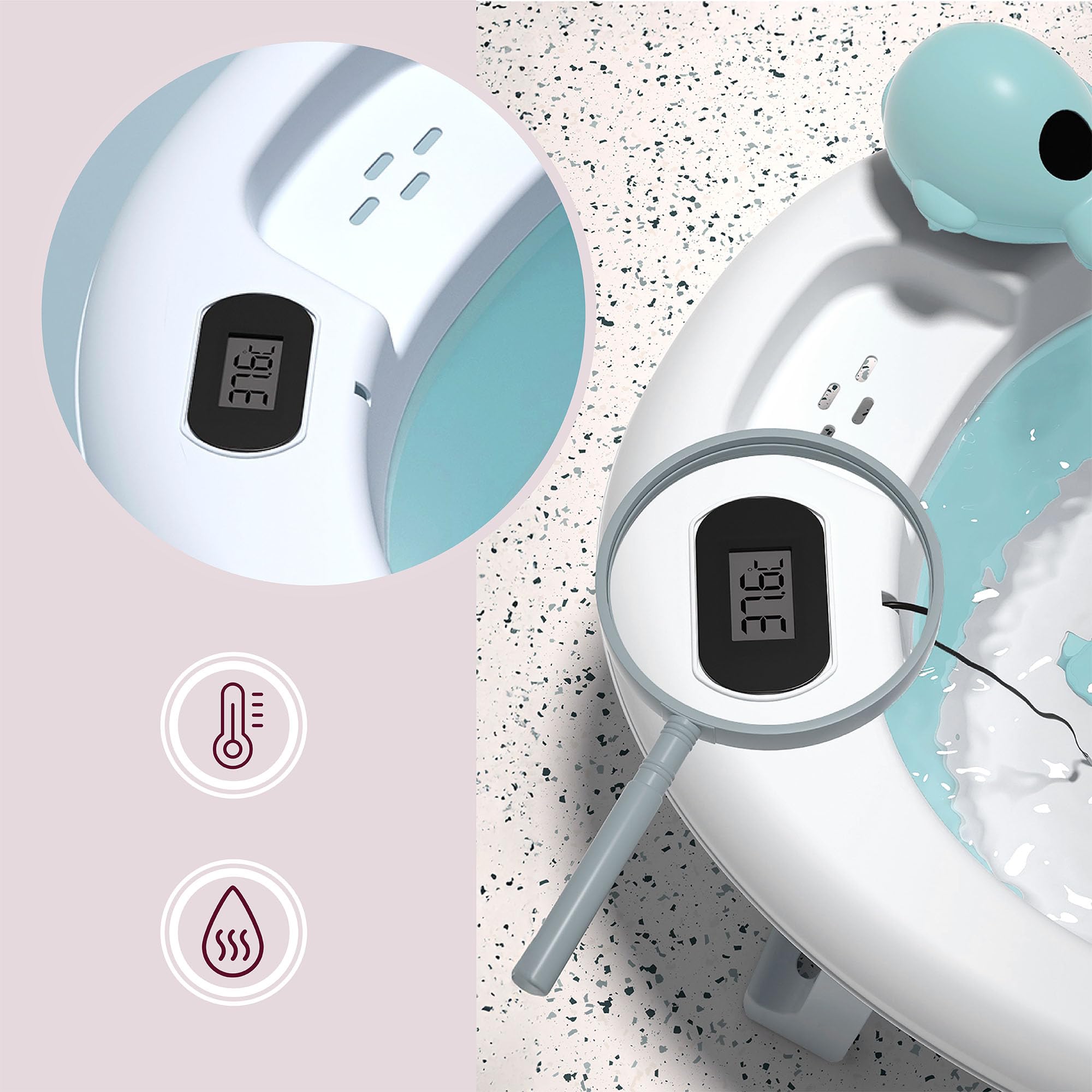 Moby-System Bañera Bebé Plegable con Termómetro LCD Incluye Inserto Soporte Alto y Bajo Vasito de Ballena – Compacta y Segura desde Recién Nacido – Menta