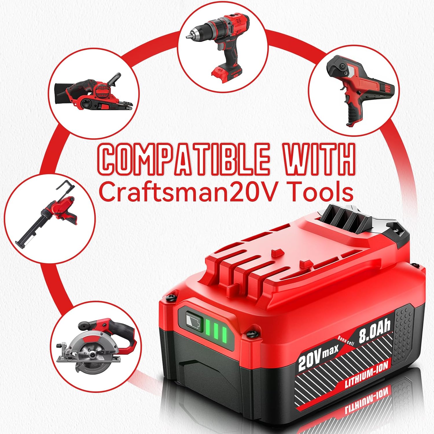 Bonacell 2Pack 20V 8000mAh Replacement for Craftsman 20V Battery V20 Lithium CMCB205 CMCB202 CMCB204 CMCB206 CMCB201 CMCB100 CMCB124 20 Volt Cordless Power Tools+ - Image 5