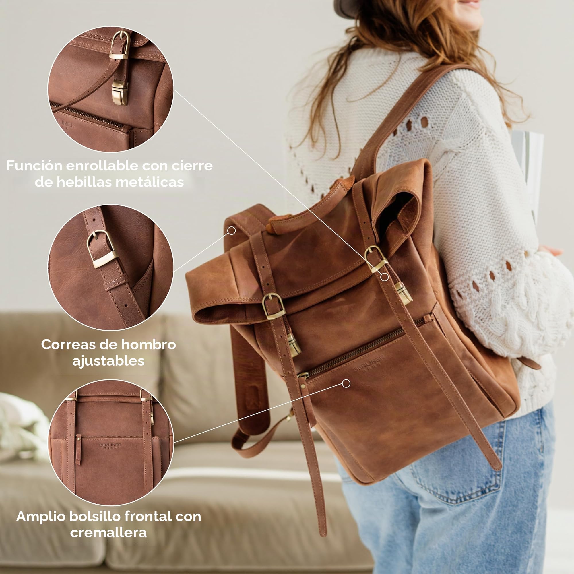 Berliner Bags Mochila de Piel Lille, Mochila Rolltop Impermeable con Compartimento para Portátil de 15”, para Hombre y Mujer - Marrón